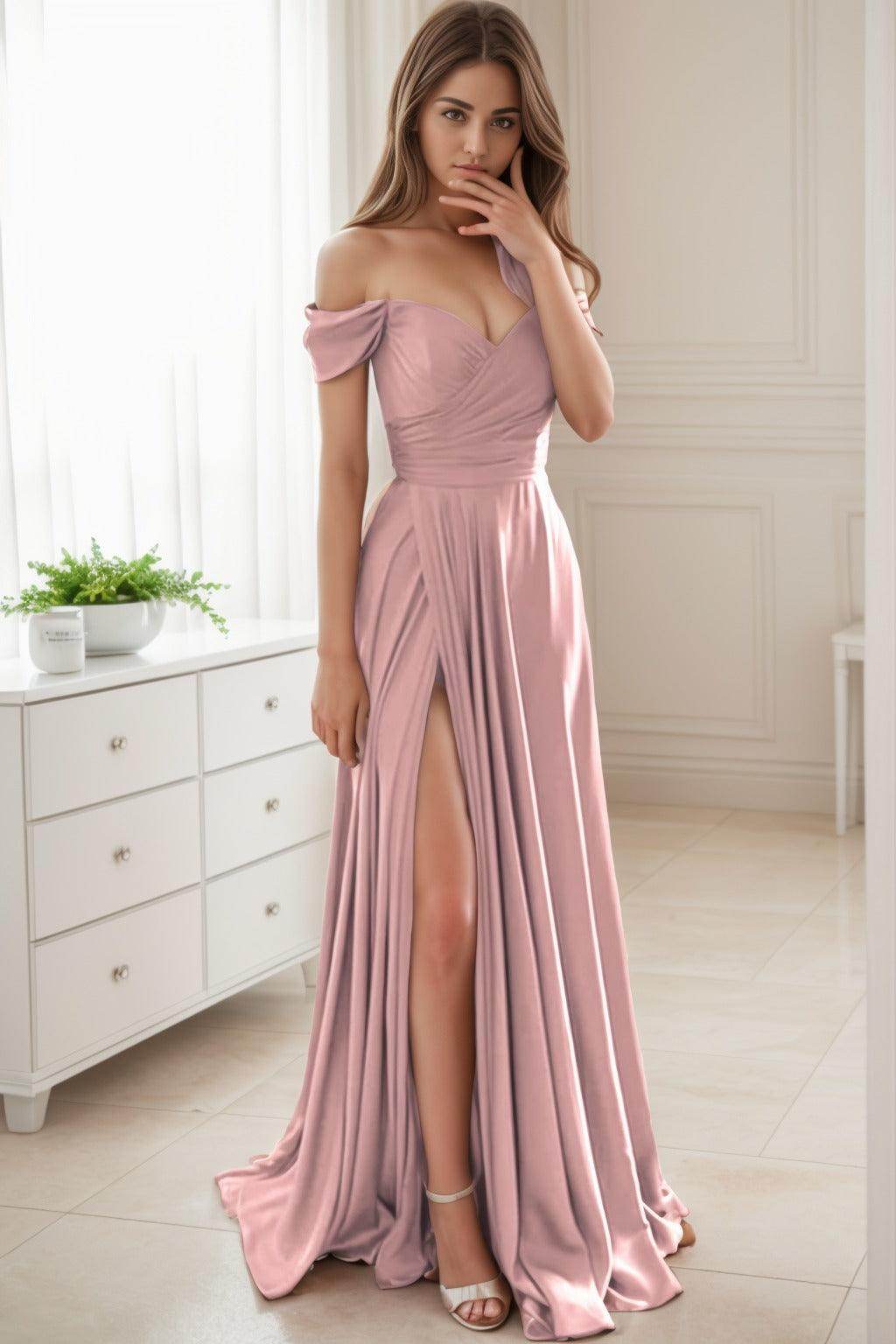 A-Line Sweep-Brush Train Silk-Like Prom Dress CS0432 - COCOMELODY