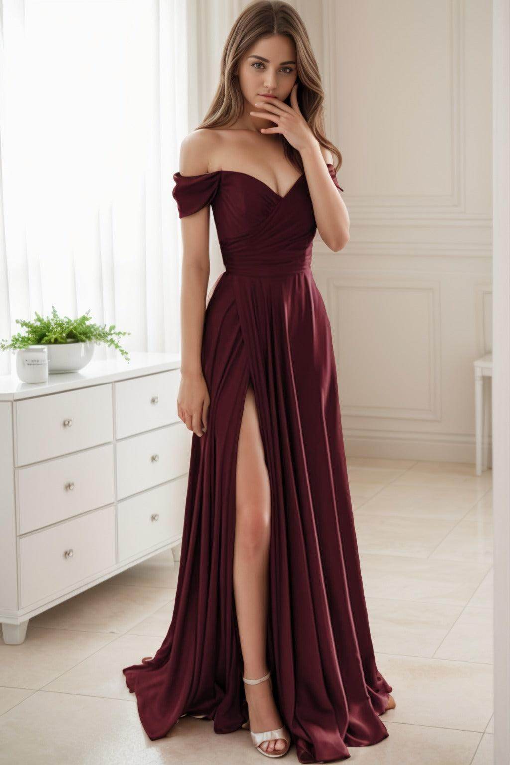 A-Line Sweep-Brush Train Silk-Like Prom Dress CS0432 - COCOMELODY