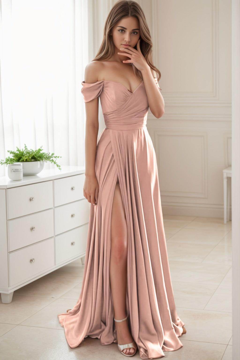 A-Line Sweep-Brush Train Silk-Like Prom Dress CS0432 - COCOMELODY