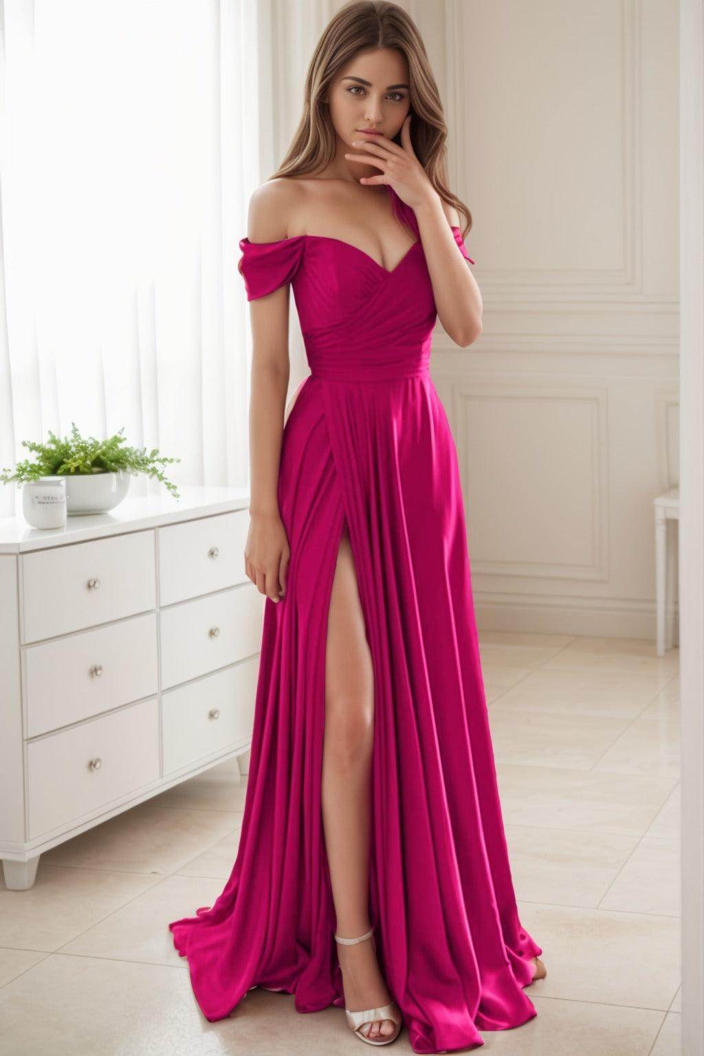 A-Line Sweep-Brush Train Silk-Like Prom Dress CS0432 - COCOMELODY