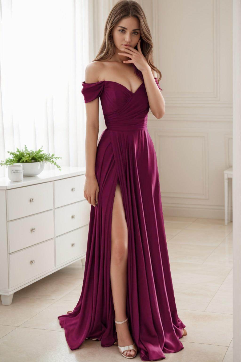 A-Line Sweep-Brush Train Silk-Like Prom Dress CS0432 - COCOMELODY