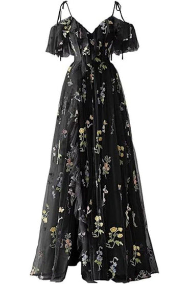 A-Line Floor Length Print Prom Dress CS0441 - Black - COCOMELODY