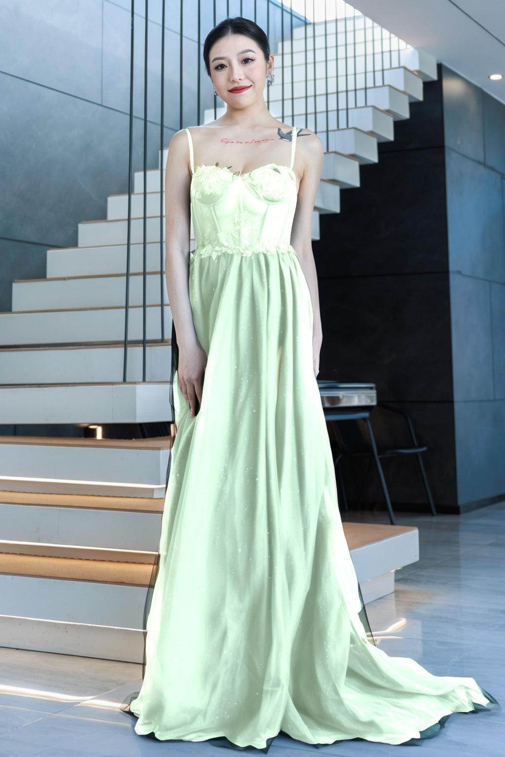 A-Line Sweep-Brush Train Tulle Prom Dress CS0480 - COCOMELODY