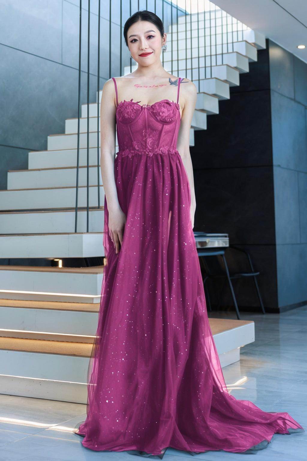 A-Line Sweep-Brush Train Tulle Prom Dress CS0480 - COCOMELODY