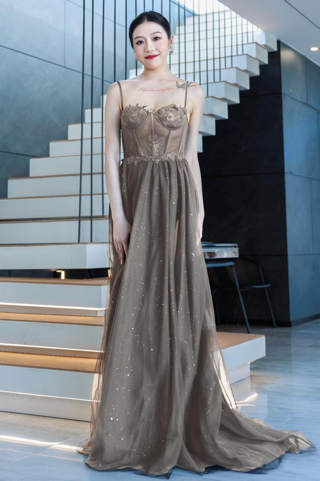 A-Line Sweep-Brush Train Tulle Prom Dress CS0480 - COCOMELODY