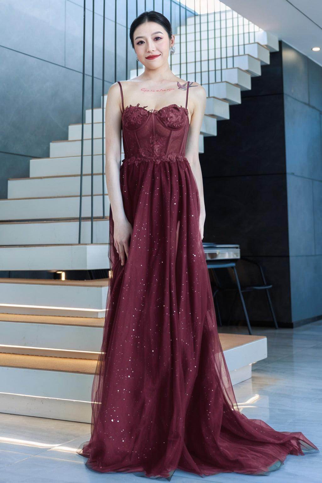 A-Line Sweep-Brush Train Tulle Prom Dress CS0480 - COCOMELODY