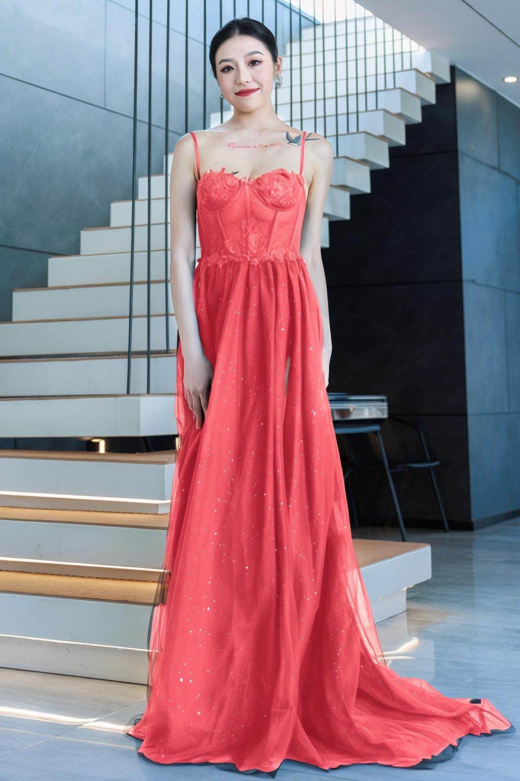 A-Line Sweep-Brush Train Tulle Prom Dress CS0480 - COCOMELODY