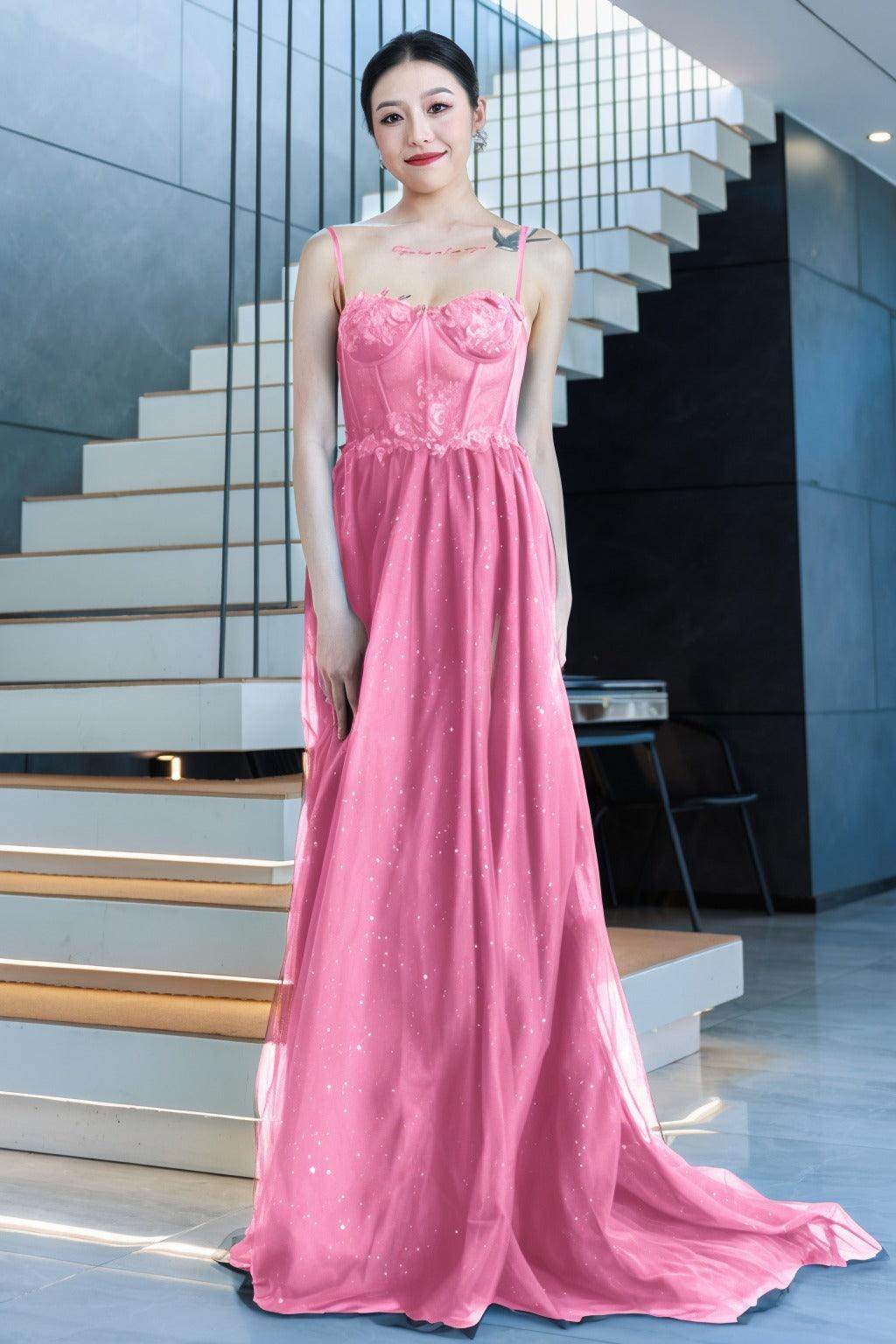 A-Line Sweep-Brush Train Tulle Prom Dress CS0480 - COCOMELODY
