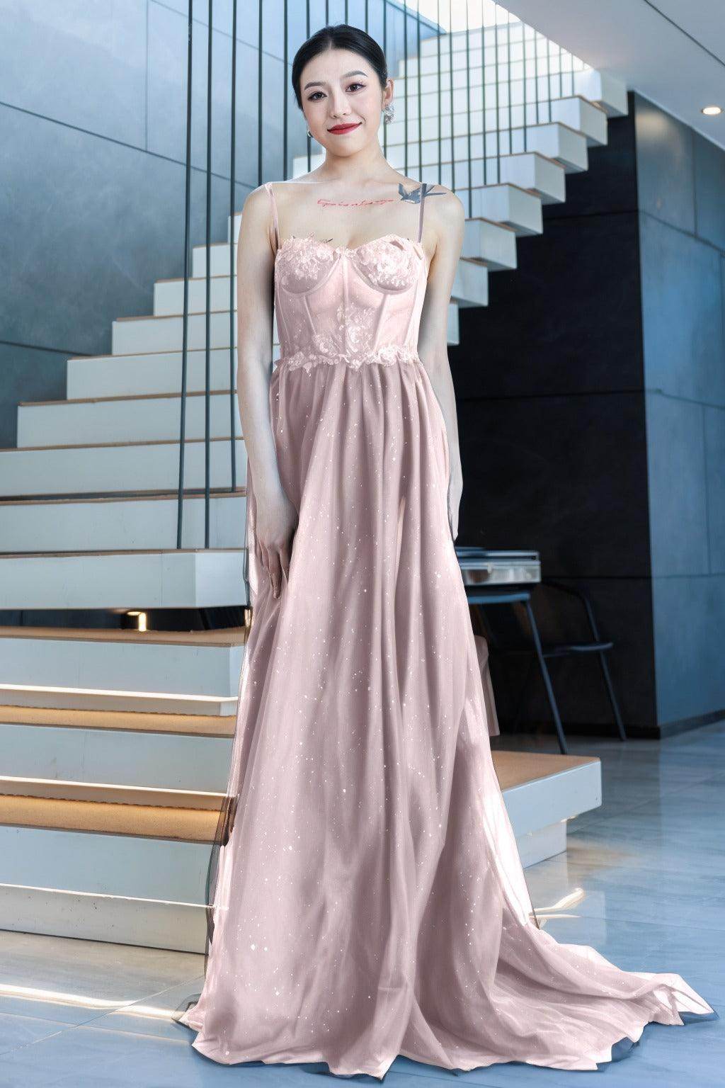 A-Line Sweep-Brush Train Tulle Prom Dress CS0480 - COCOMELODY