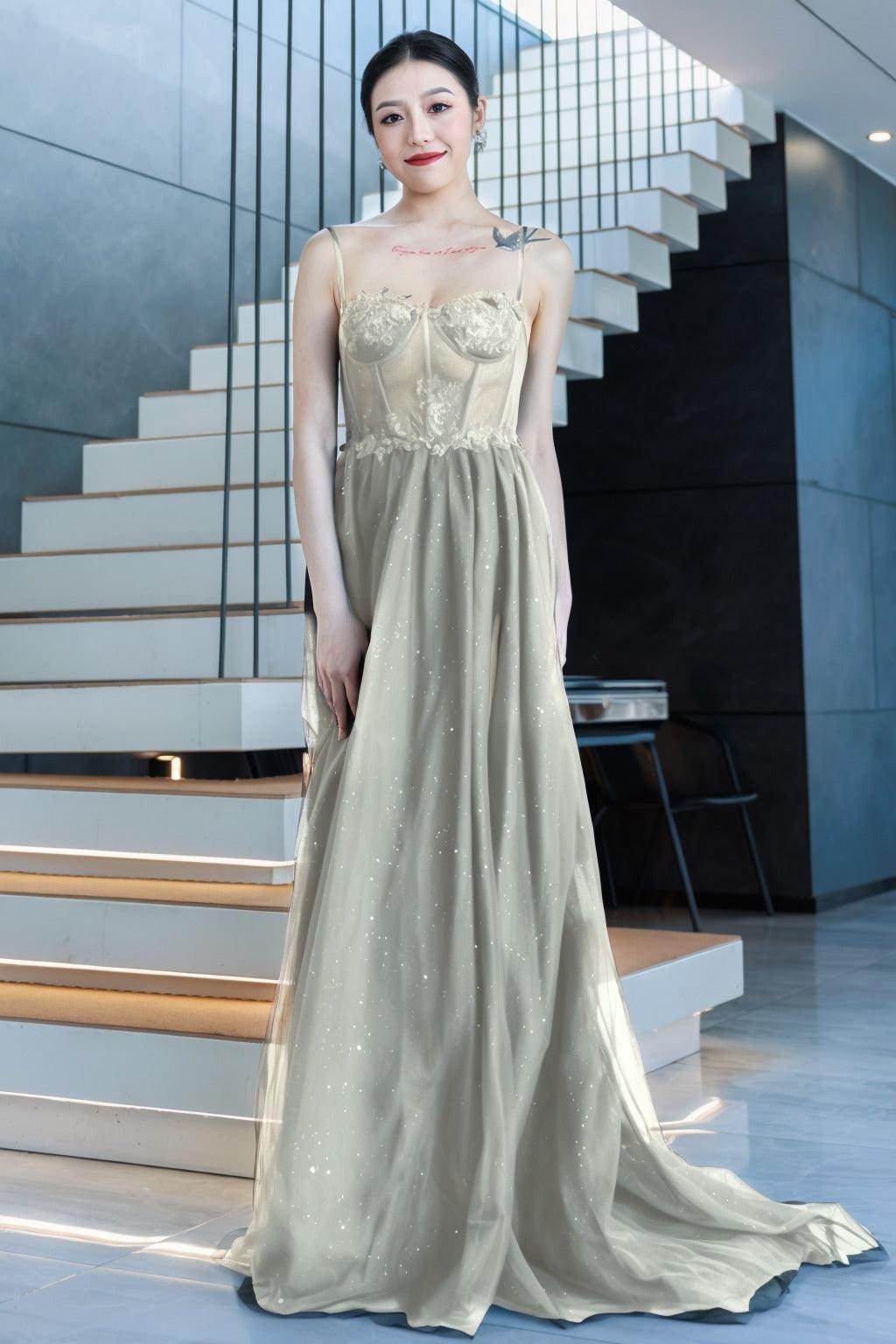 A-Line Sweep-Brush Train Tulle Prom Dress CS0480 - COCOMELODY
