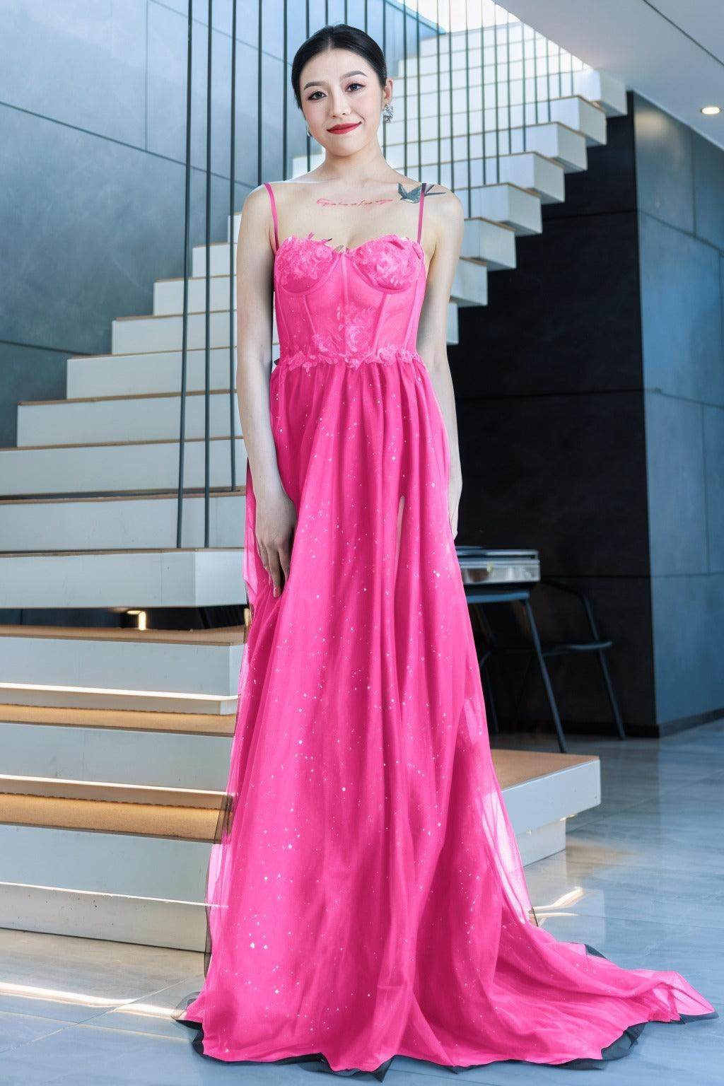 A-Line Sweep-Brush Train Tulle Prom Dress CS0480 - COCOMELODY