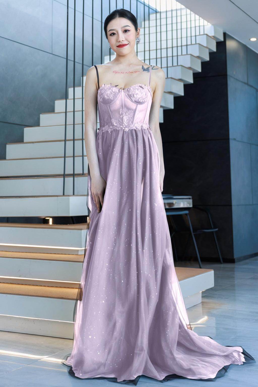 A-Line Sweep-Brush Train Tulle Prom Dress CS0480 - COCOMELODY