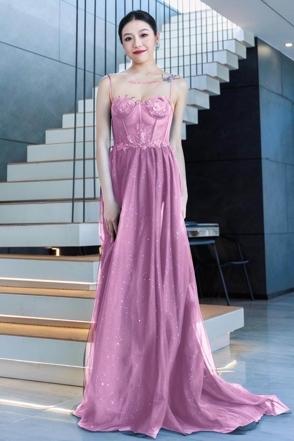 A-Line Sweep-Brush Train Tulle Prom Dress CS0480 - COCOMELODY