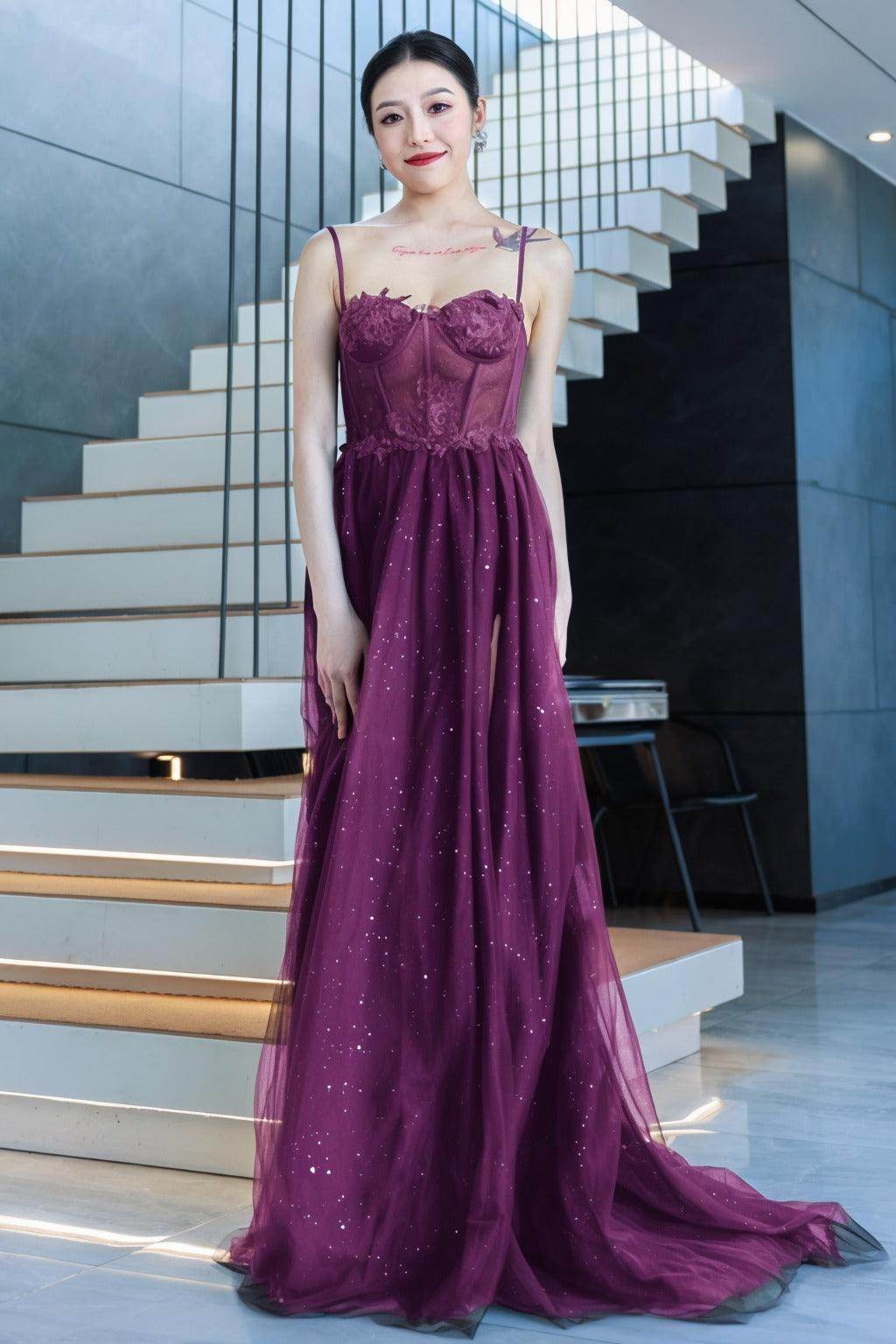 A-Line Sweep-Brush Train Tulle Prom Dress CS0480 - COCOMELODY