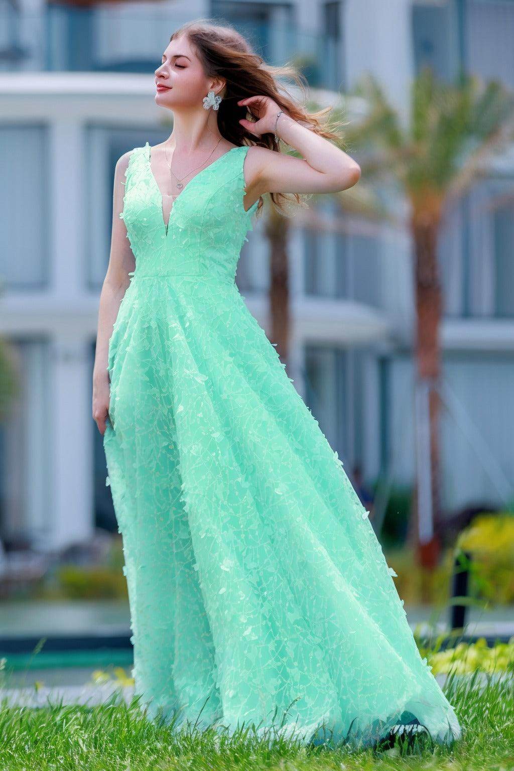 A-Line Sweep-Brush Train Sequined Lace Prom Dress CS0484 - COCOMELODY