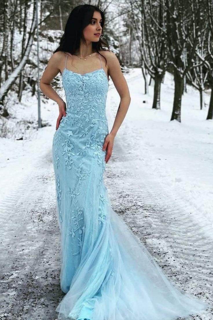 COCOMELODY Sheath Tulle Prom Dress with Appliques CS0489, Ice Blue COCOMELODY Sheath Tulle Prom Dress with Appliques CS0489, Ice Blue