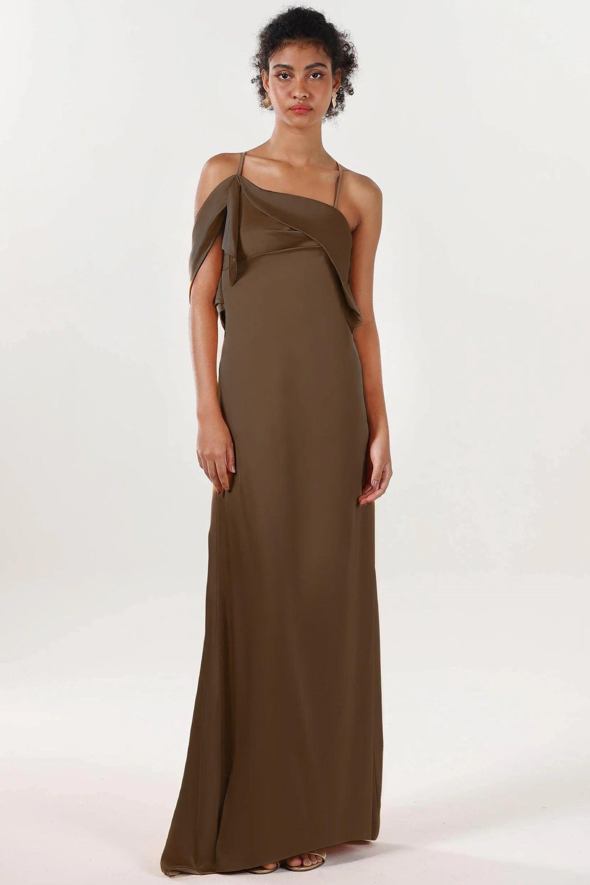 Sheath-Column Sweep-Brush Train Luxe Satin Bridesmaid Dress CS0598BM - Bitter Chocolate - COCOMELODY
