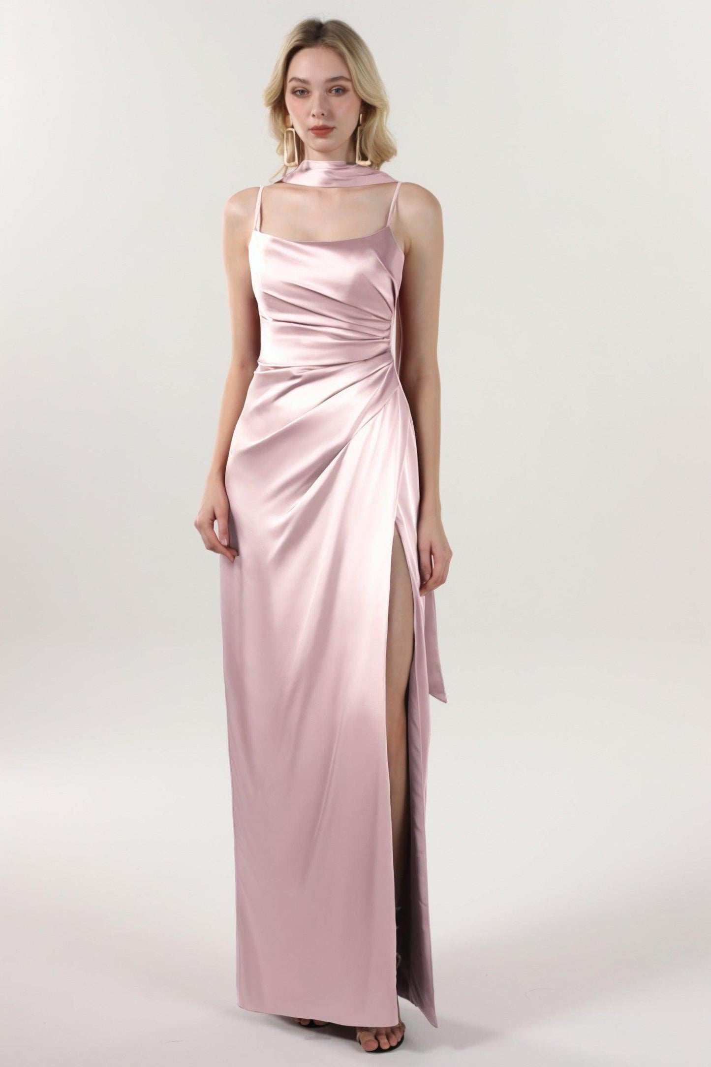 Sheath-Column Maxi Luxe Satin Bridesmaid Dress CS0599BM - COCOMELODY