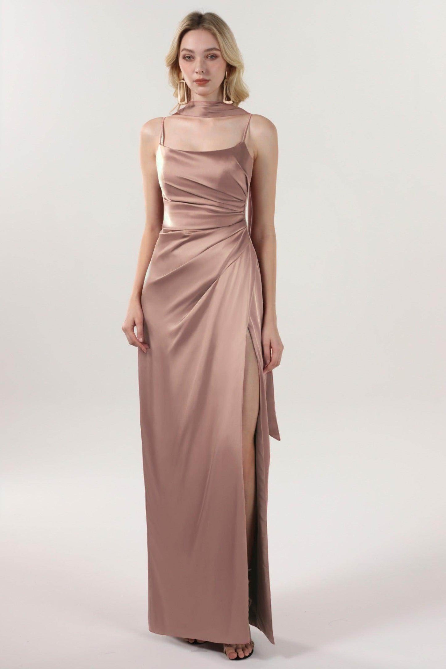 Sheath-Column Maxi Luxe Satin Bridesmaid Dress CS0599BM - COCOMELODY