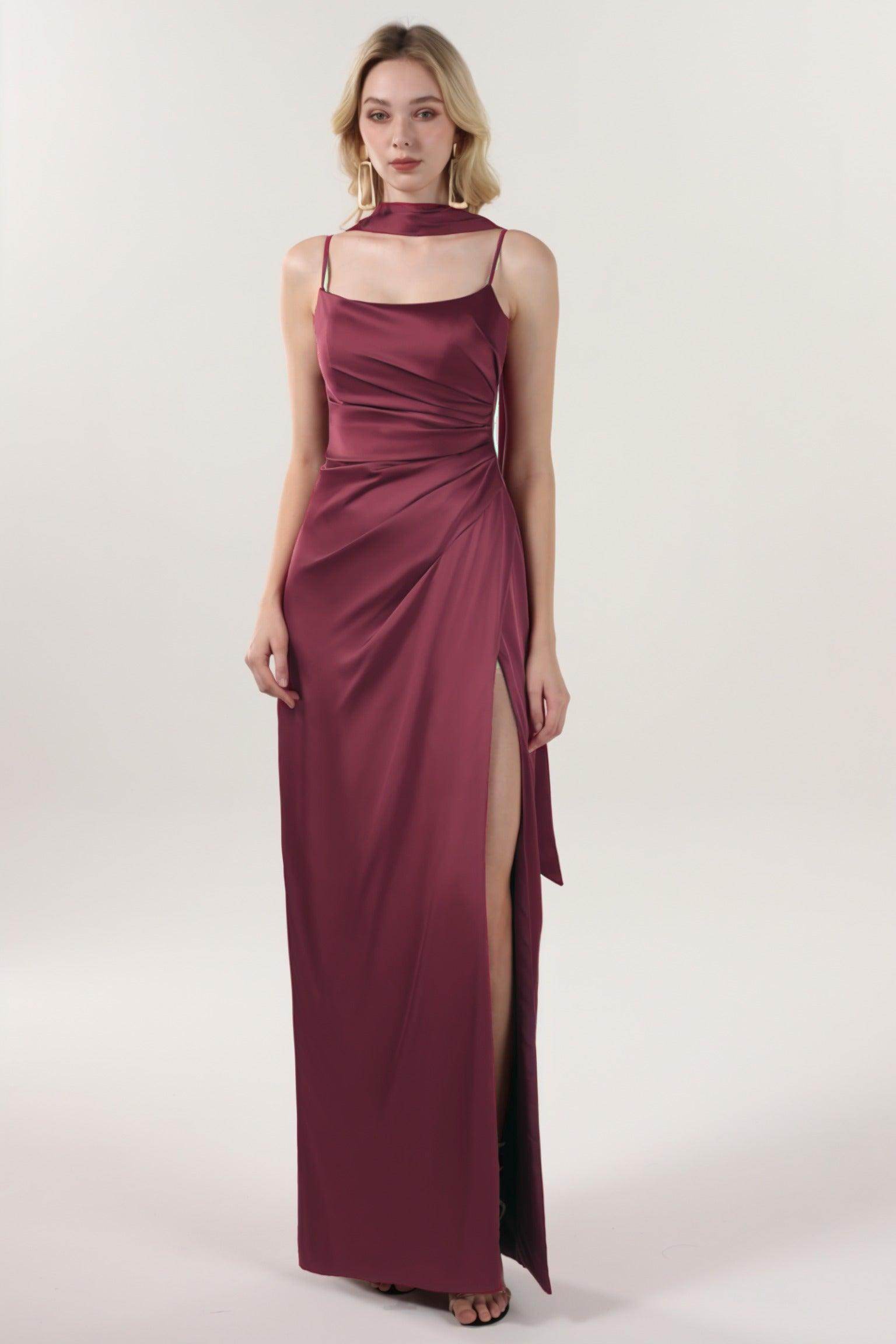 Sheath-Column Maxi Luxe Satin Bridesmaid Dress Split Ruched Wedding Guest Dress COCOMELODY CS0599BM, Steel Blue Sheath-Column Maxi Luxe Satin Bridesmaid Dress Split Ruched Wedding Guest Dress COCOMELODY CS0599BM, Steel Blue