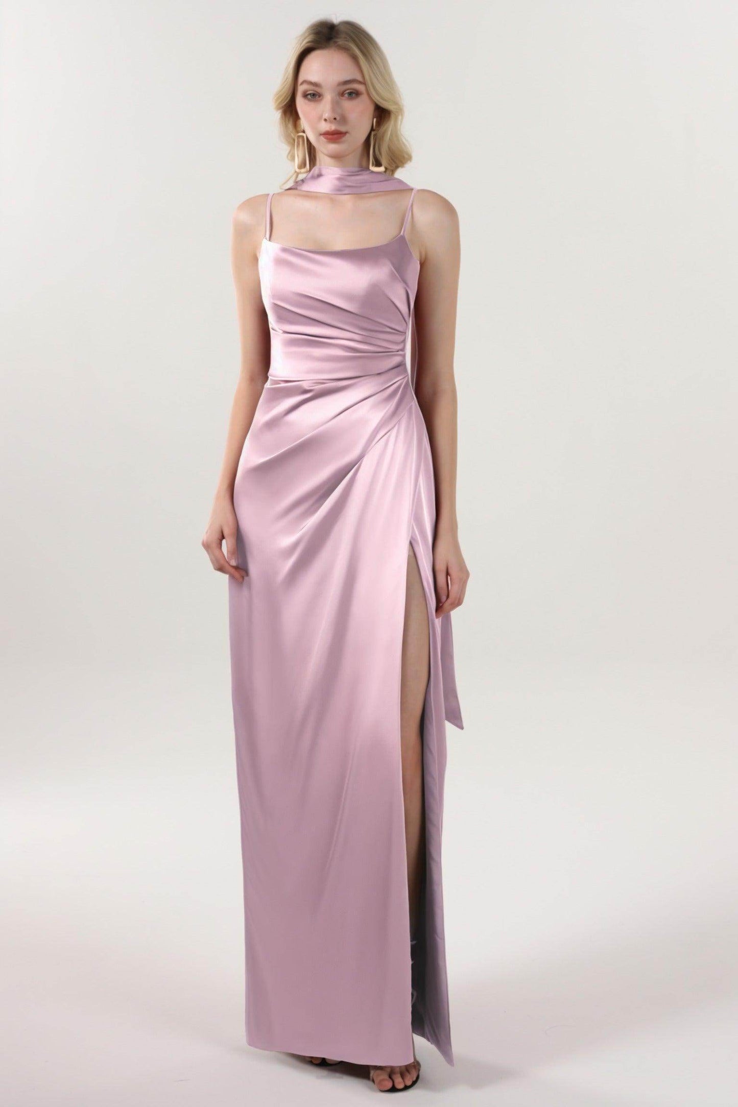Sheath-Column Maxi Luxe Satin Bridesmaid Dress CS0599BM - COCOMELODY