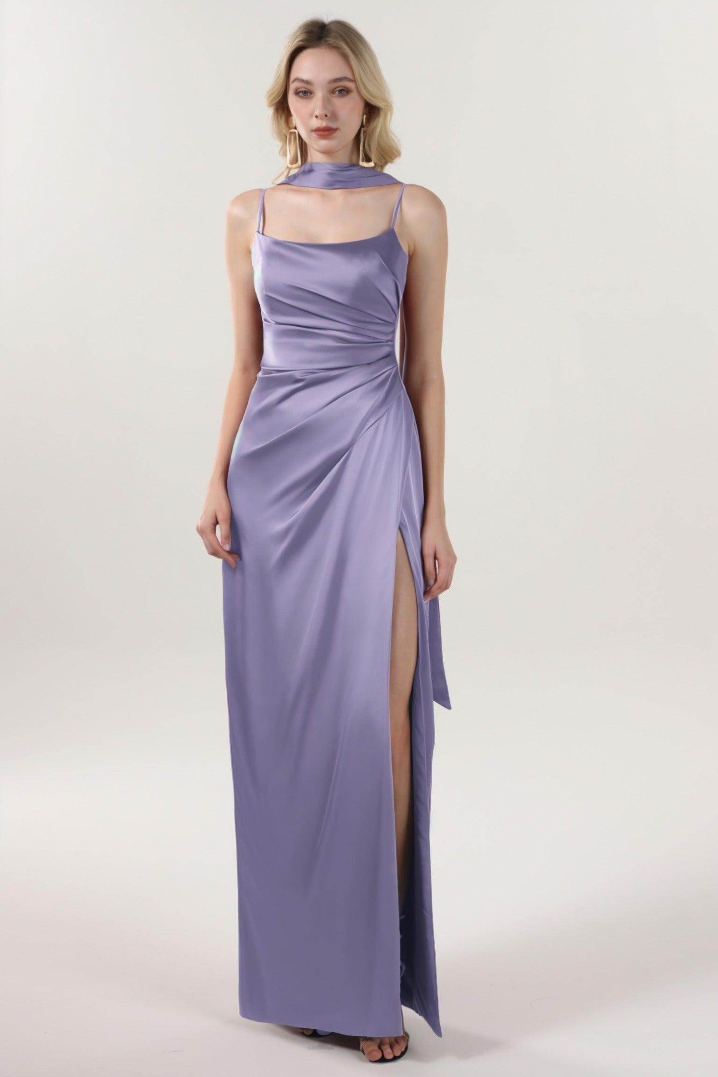 Sheath-Column Maxi Luxe Satin Bridesmaid Dress CS0599BM - COCOMELODY