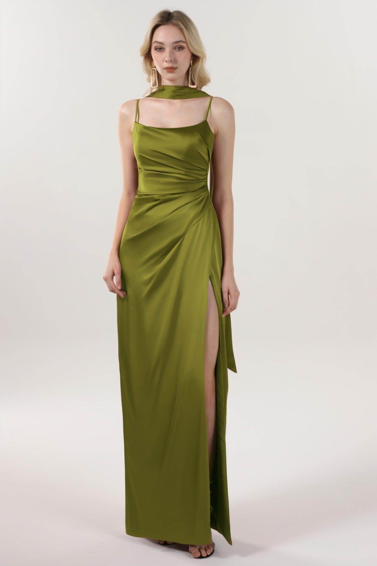 Sheath-Column Maxi Luxe Satin Bridesmaid Dress CS0599BM - COCOMELODY
