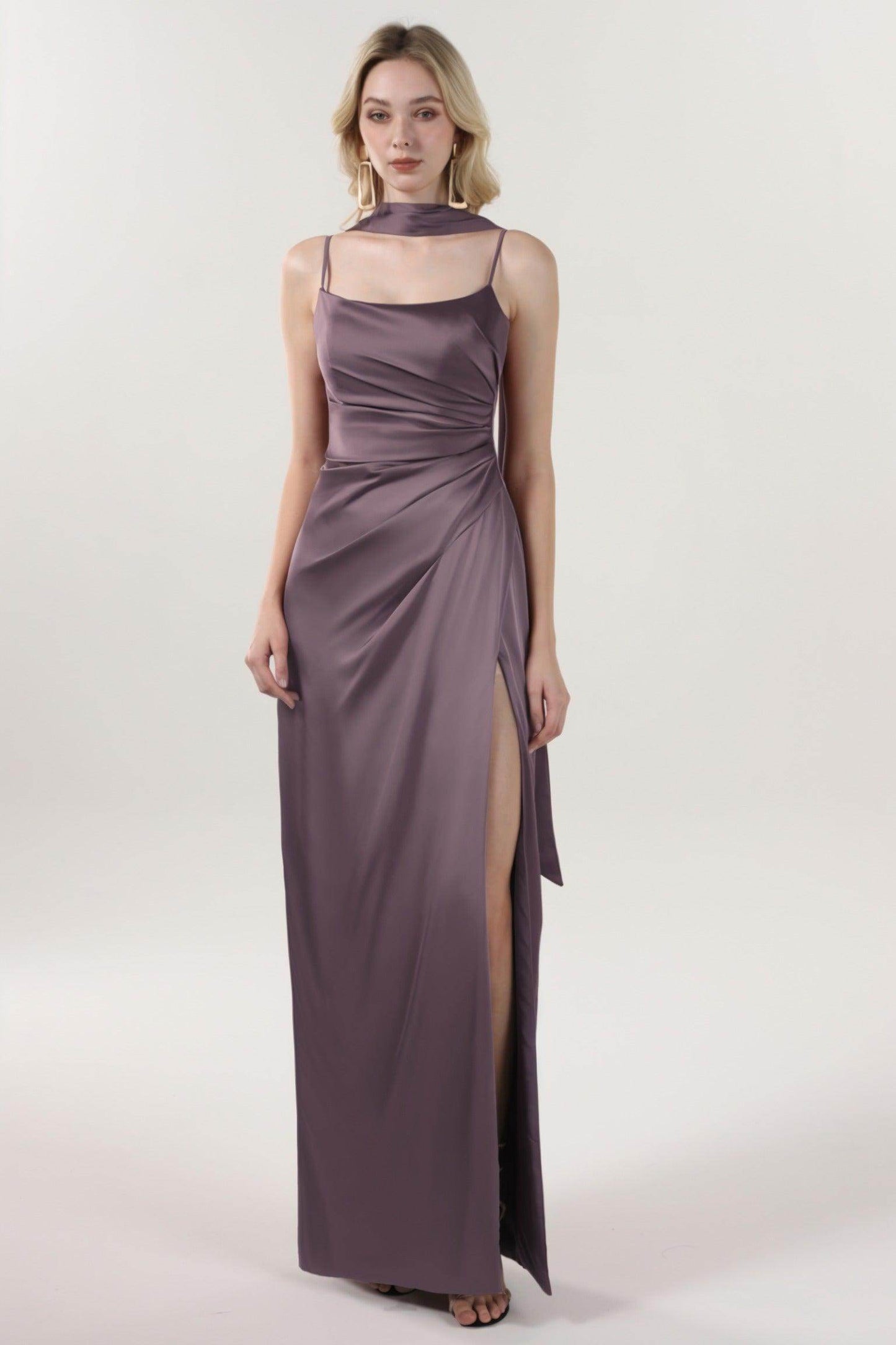 Sheath-Column Maxi Luxe Satin Bridesmaid Dress CS0599BM - COCOMELODY