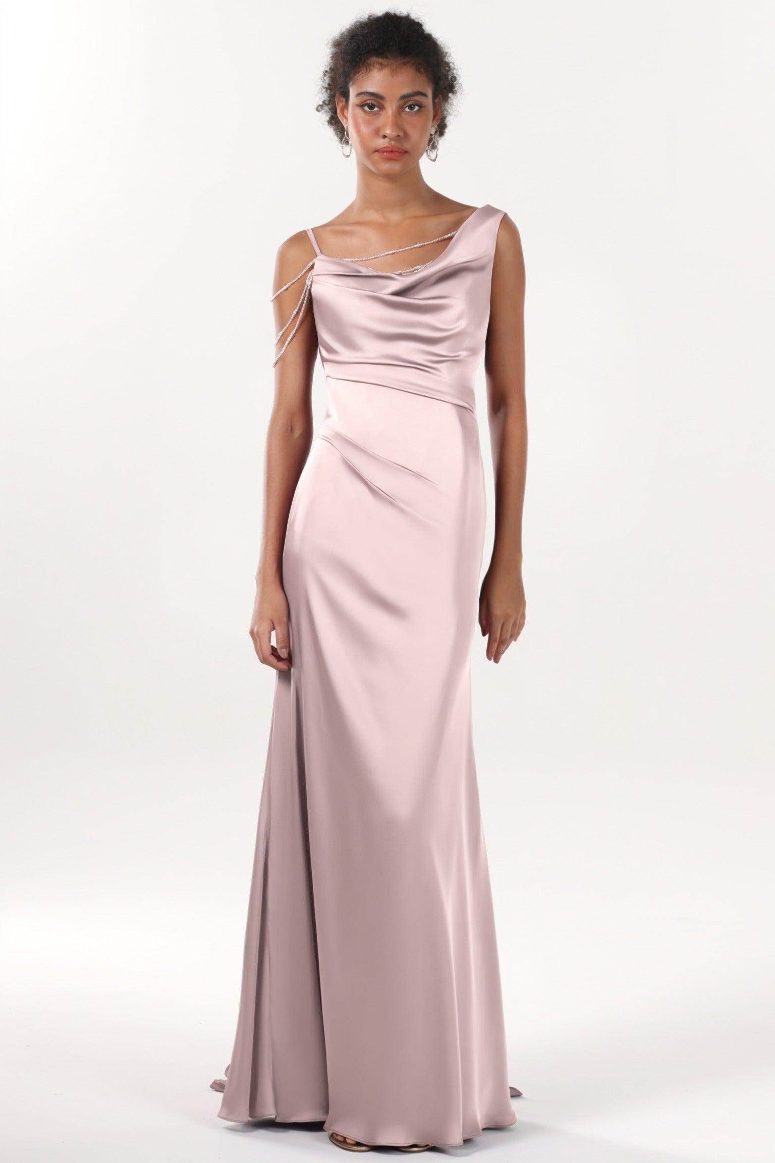 Sheath-Column Sweep-Brush Train Luxe Satin Bridesmaid Dress CS0600BM - COCOMELODY