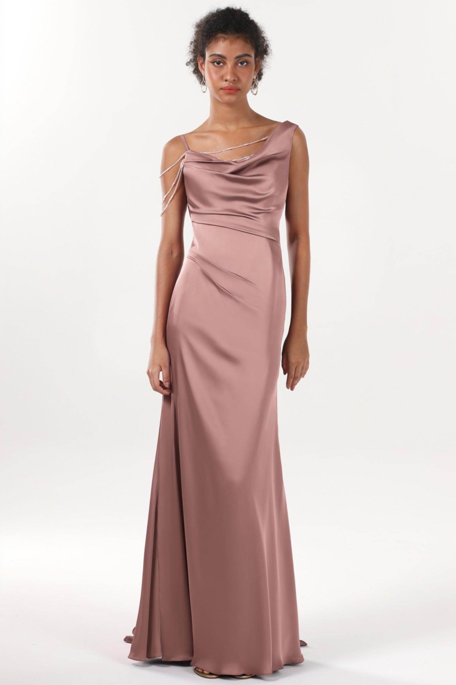 Sheath-Column Sweep-Brush Train Luxe Satin Bridesmaid Dress CS0600BM - COCOMELODY