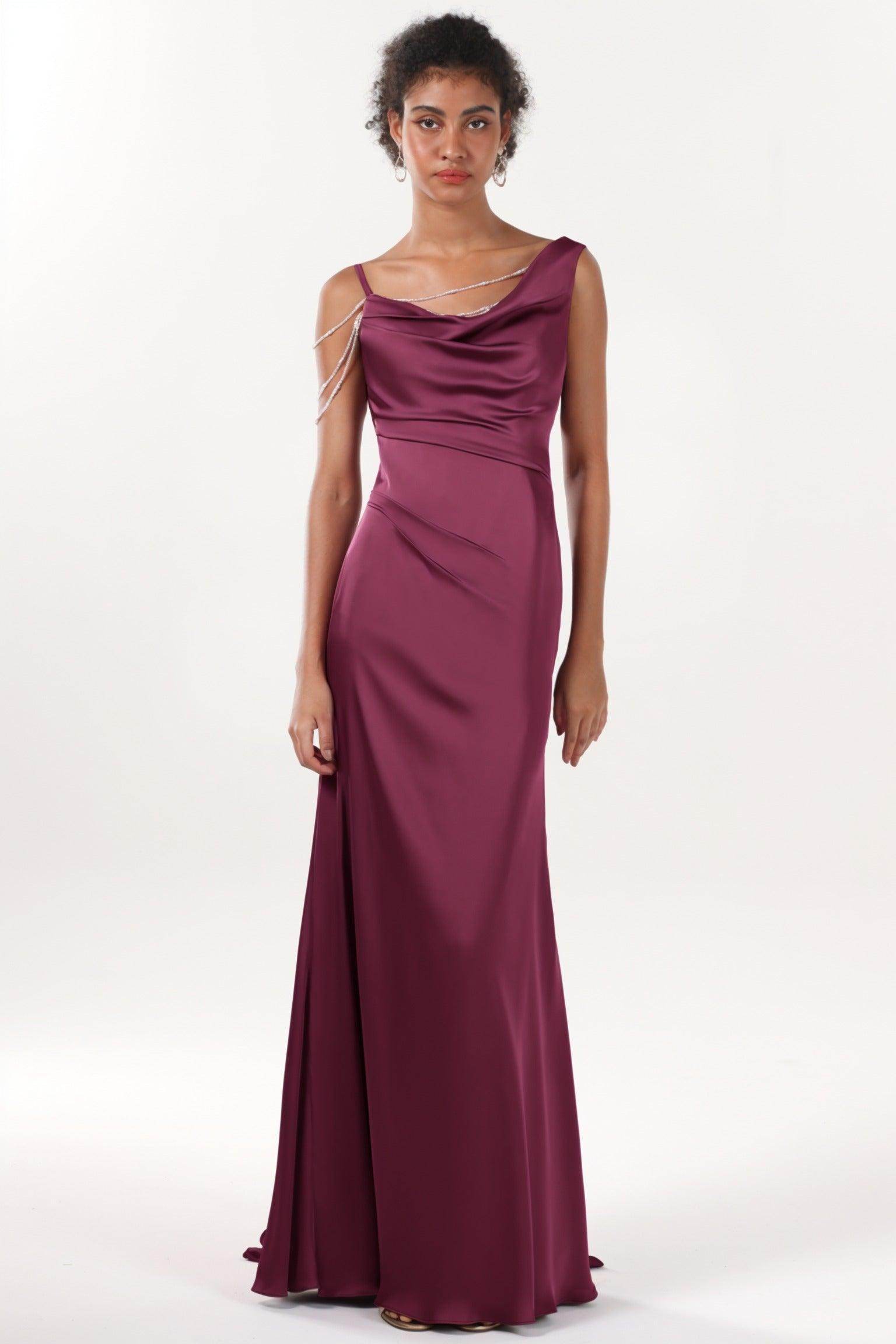 Sheath-Column Sweep-Brush Train Luxe Satin Bridesmaid Dress CS0600BM - COCOMELODY