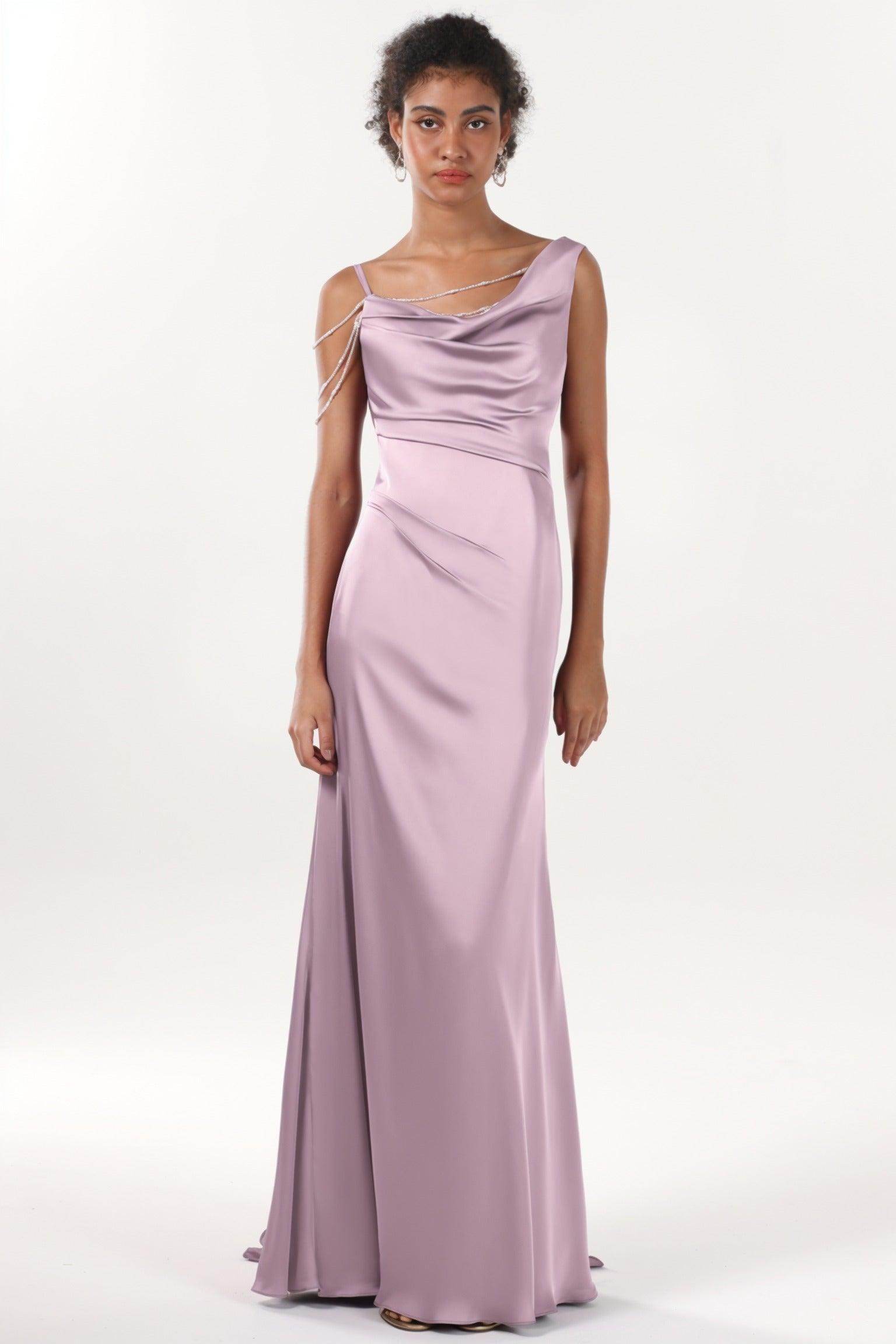Sheath-Column Sweep-Brush Train Luxe Satin Bridesmaid Dress CS0600BM - COCOMELODY