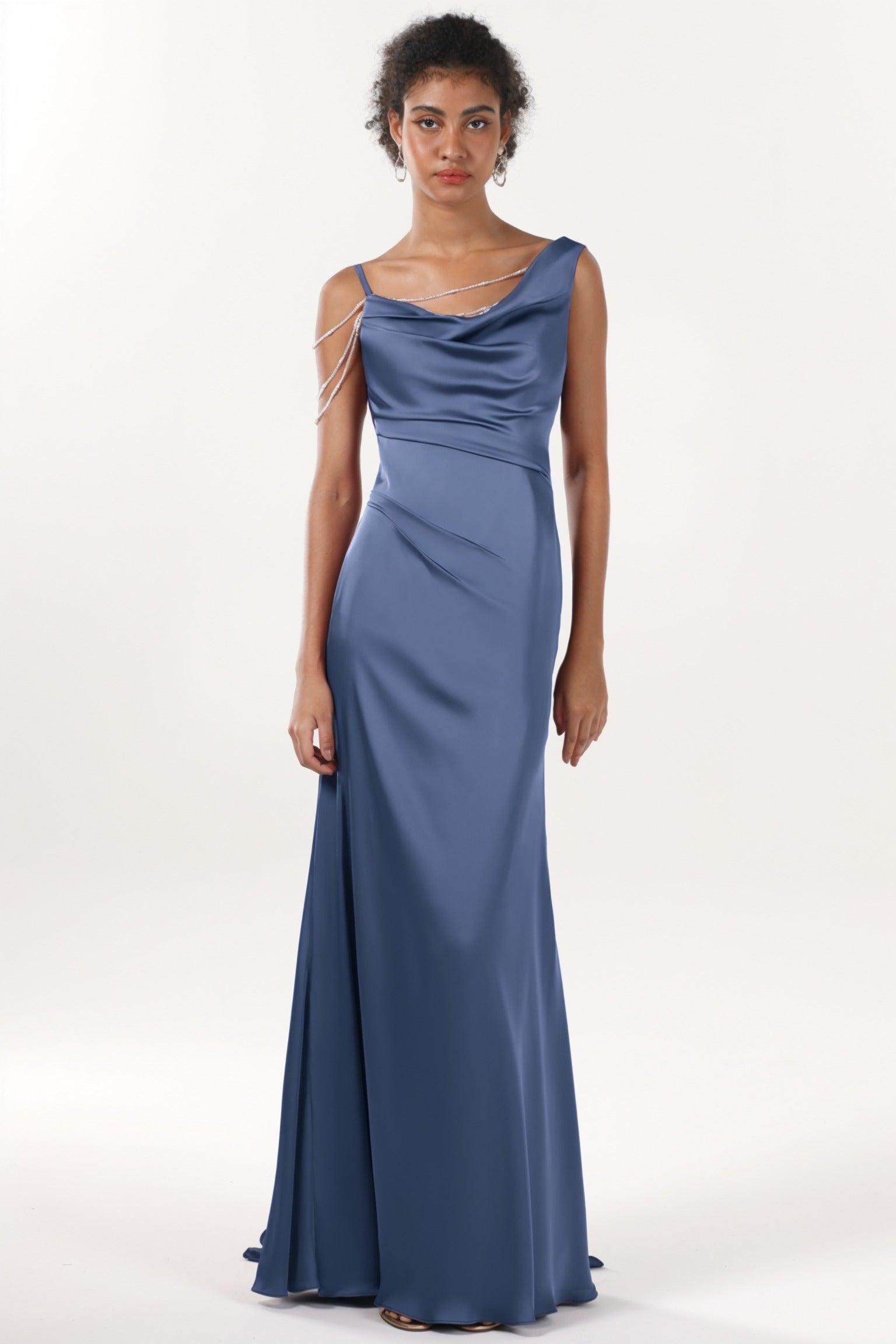 Sheath-Column Sweep-Brush Train Luxe Satin Bridesmaid Dress CS0600BM - COCOMELODY
