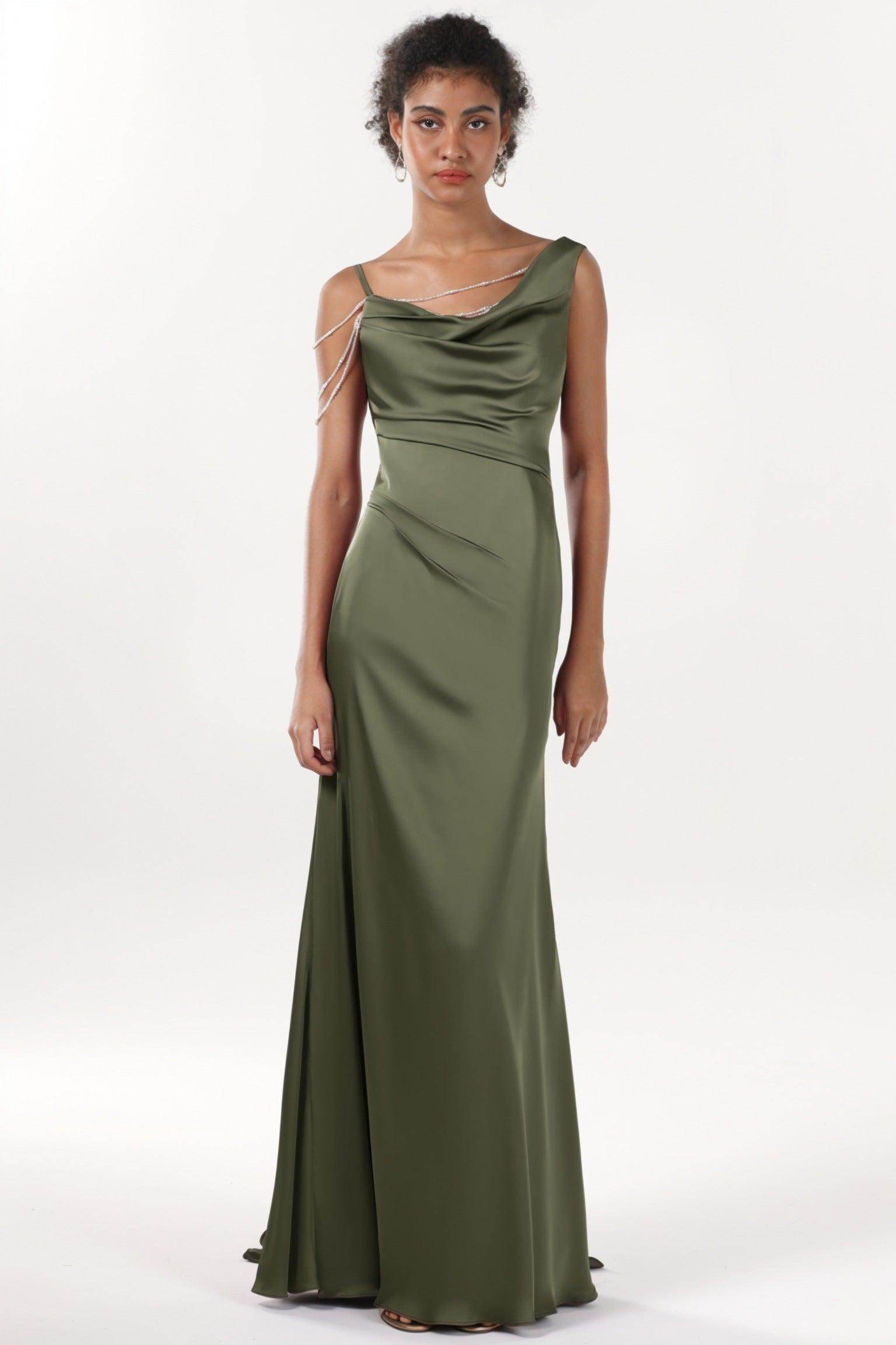 Sheath-Column Sweep-Brush Train Luxe Satin Bridesmaid Dress COCOMELODY CS0600BM, Steel Blue