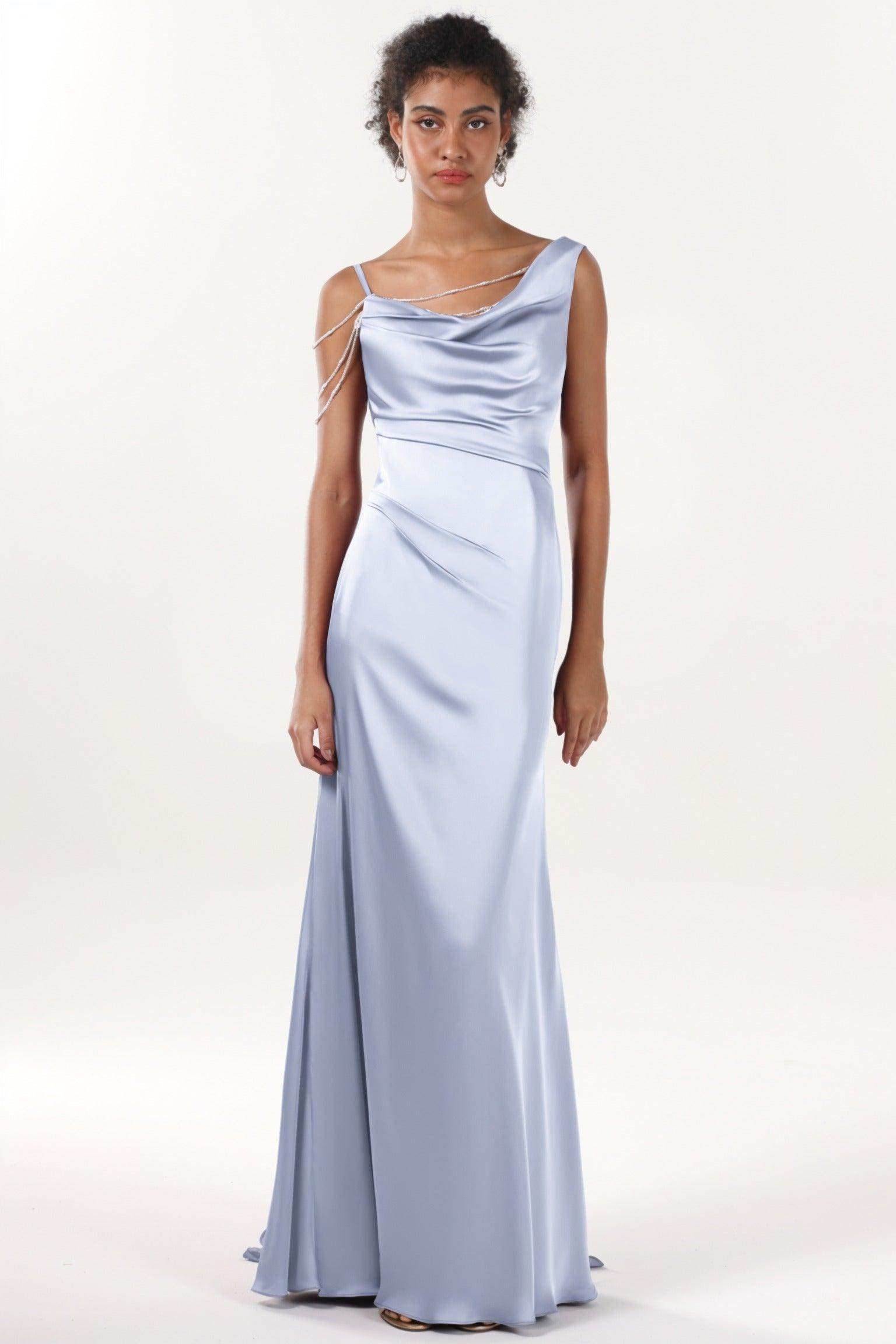 Sheath-Column Sweep-Brush Train Luxe Satin Bridesmaid Dress CS0600BM - COCOMELODY