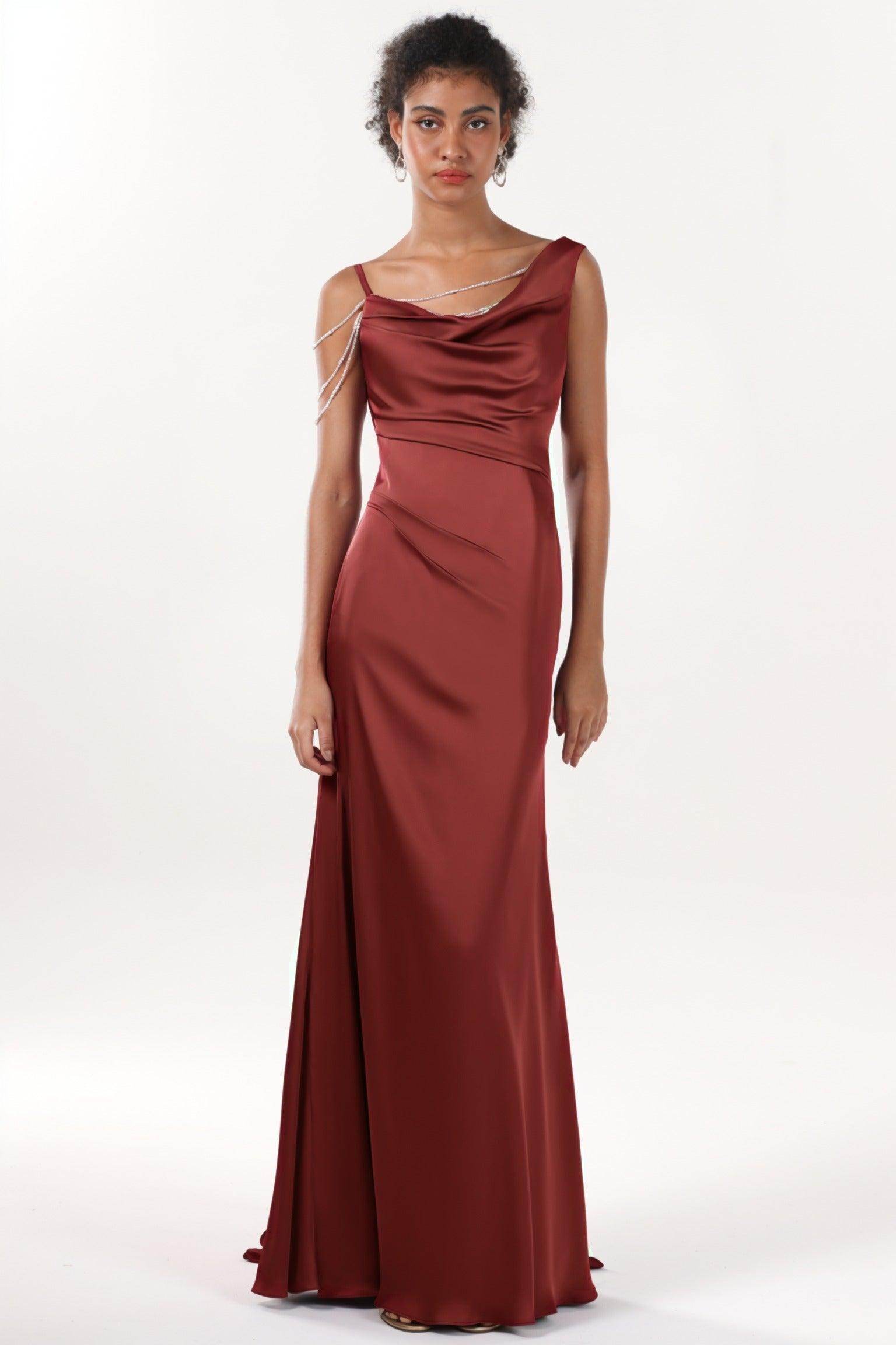 Sheath-Column Sweep-Brush Train Luxe Satin Bridesmaid Dress CS0600BM - COCOMELODY