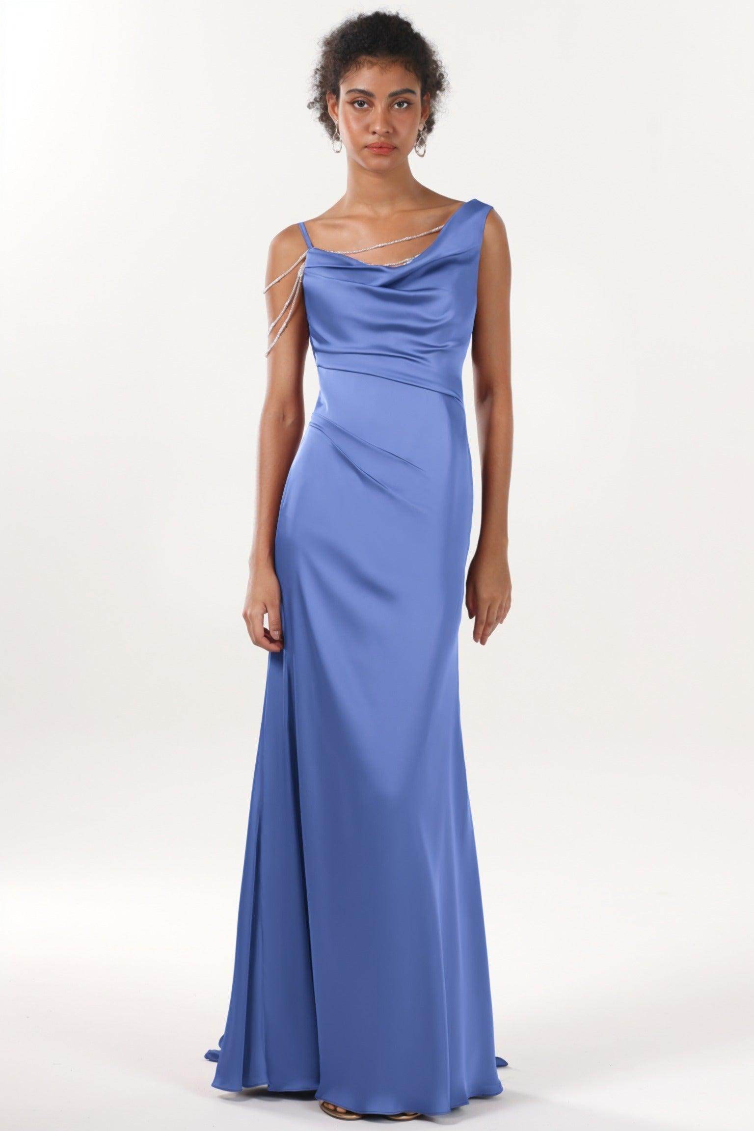 Sheath-Column Sweep-Brush Train Luxe Satin Bridesmaid Dress CS0600BM - COCOMELODY