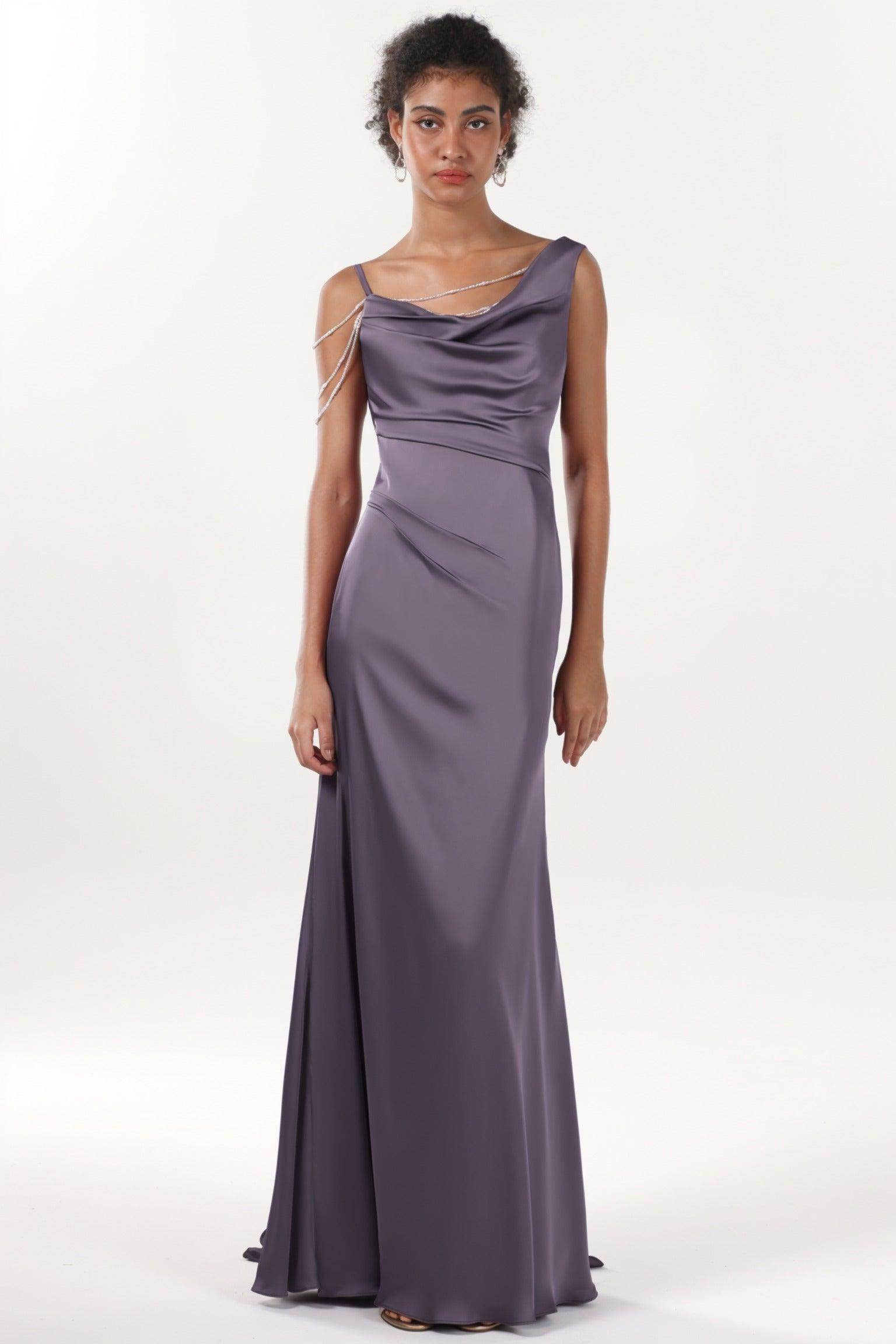 Sheath-Column Sweep-Brush Train Luxe Satin Bridesmaid Dress CS0600BM - COCOMELODY