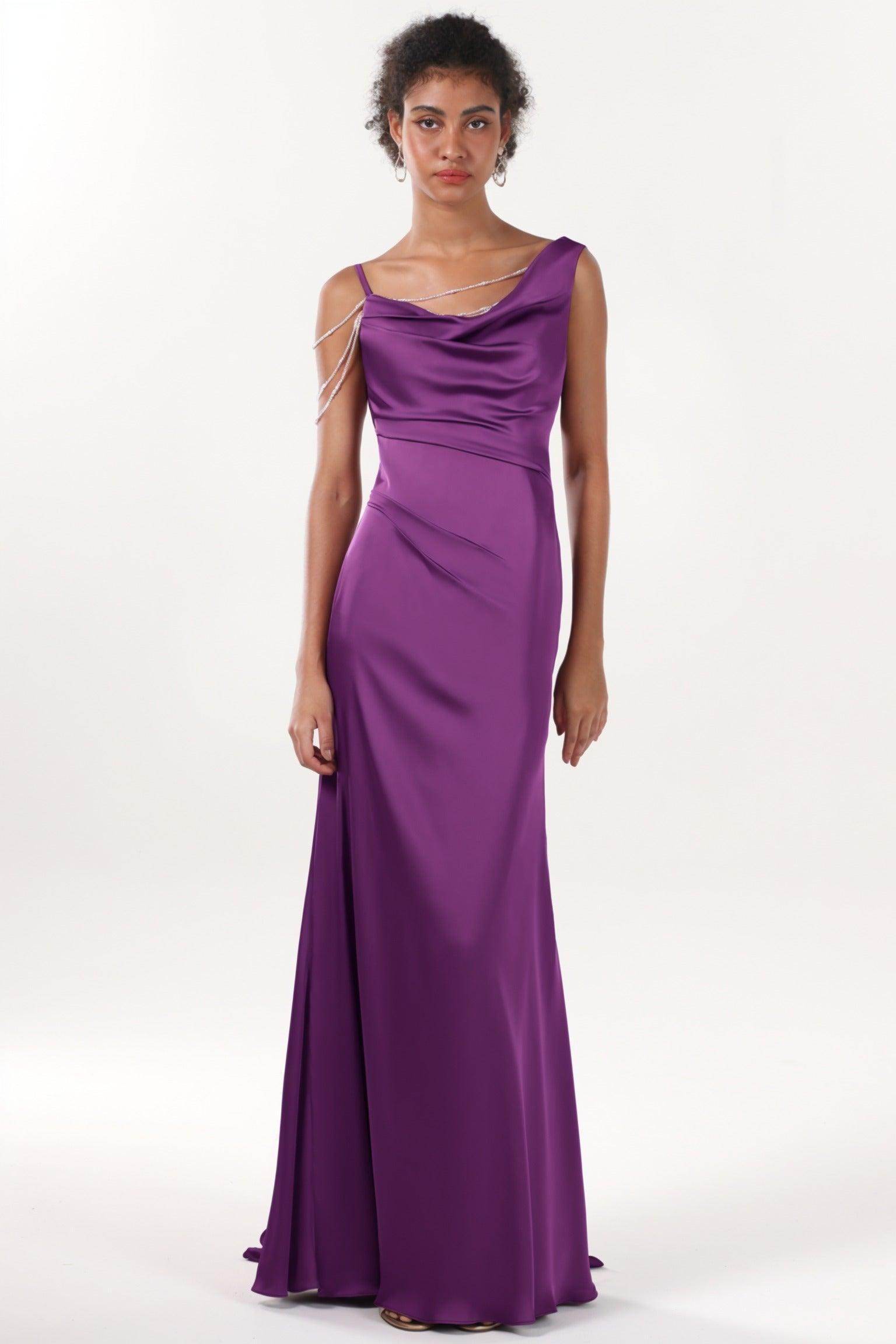 Sheath-Column Sweep-Brush Train Luxe Satin Bridesmaid Dress CS0600BM - COCOMELODY