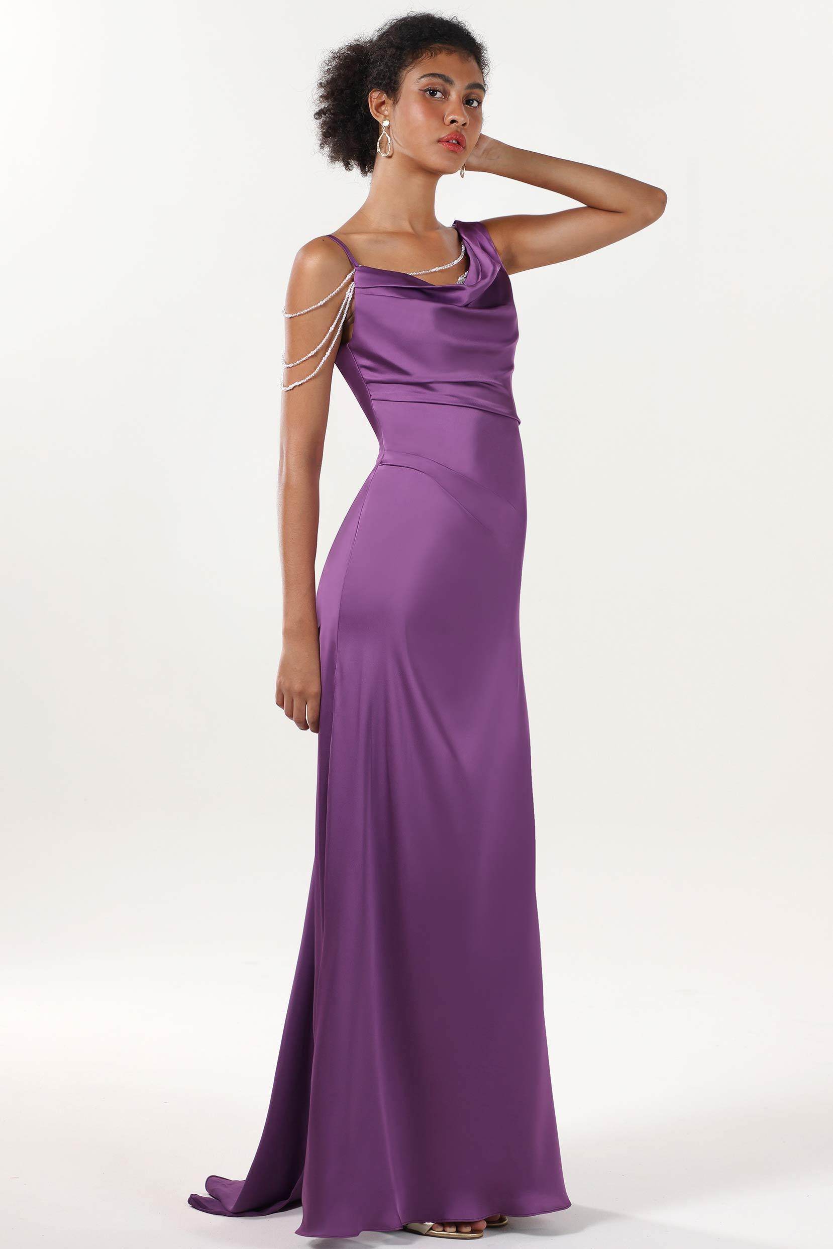 Sheath-Column Sweep-Brush Train Luxe Satin Bridesmaid Dress CS0600BM - COCOMELODY