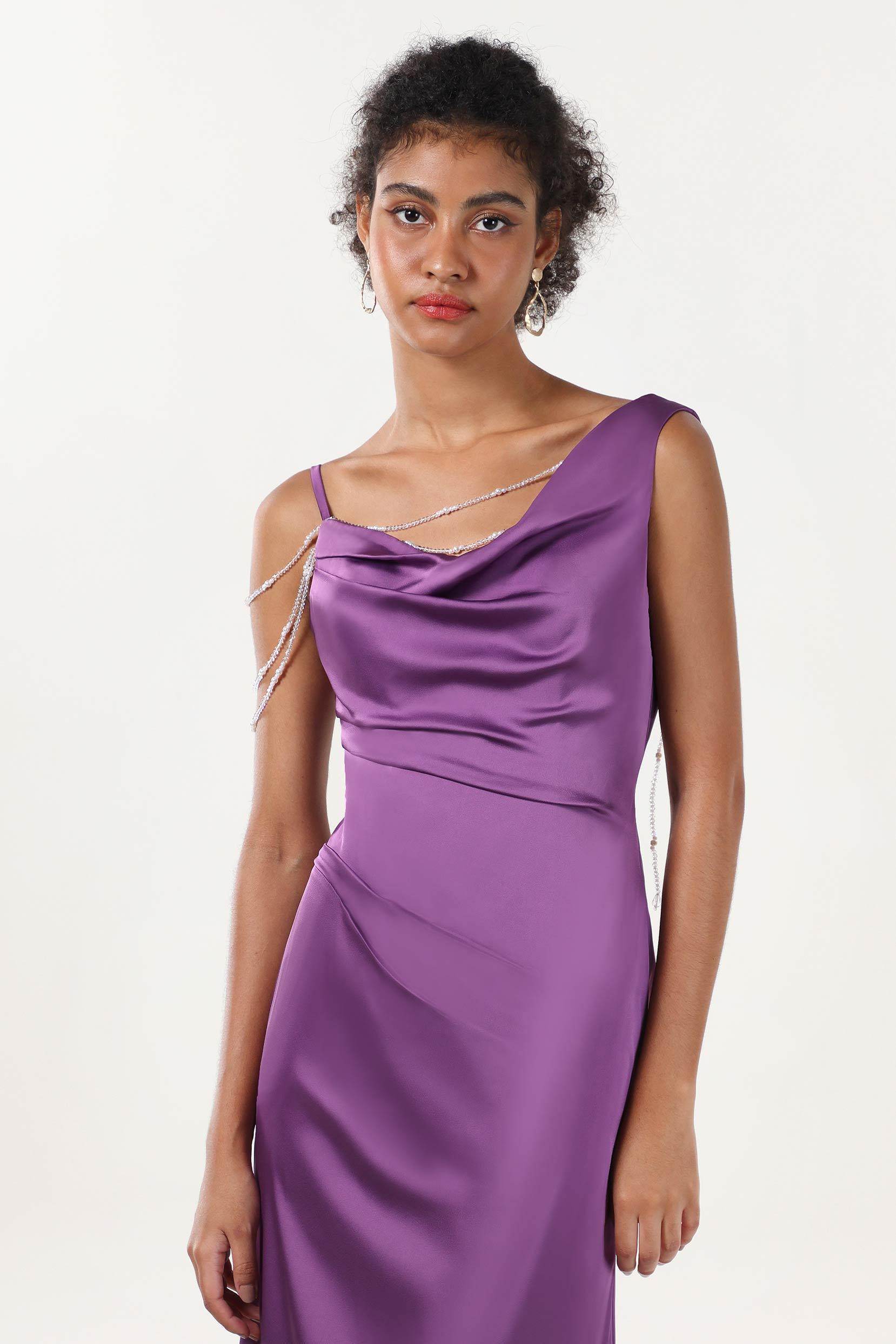 Sheath-Column Sweep-Brush Train Luxe Satin Bridesmaid Dress CS0600BM - COCOMELODY