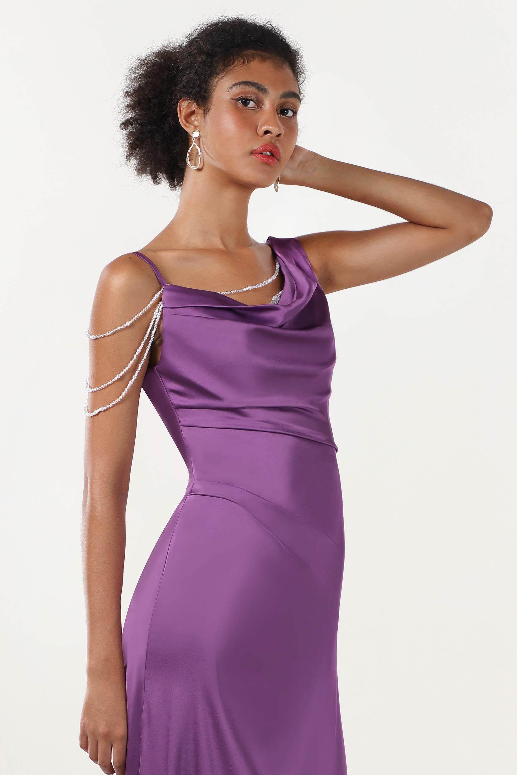 Sheath-Column Sweep-Brush Train Luxe Satin Bridesmaid Dress CS0600BM - COCOMELODY