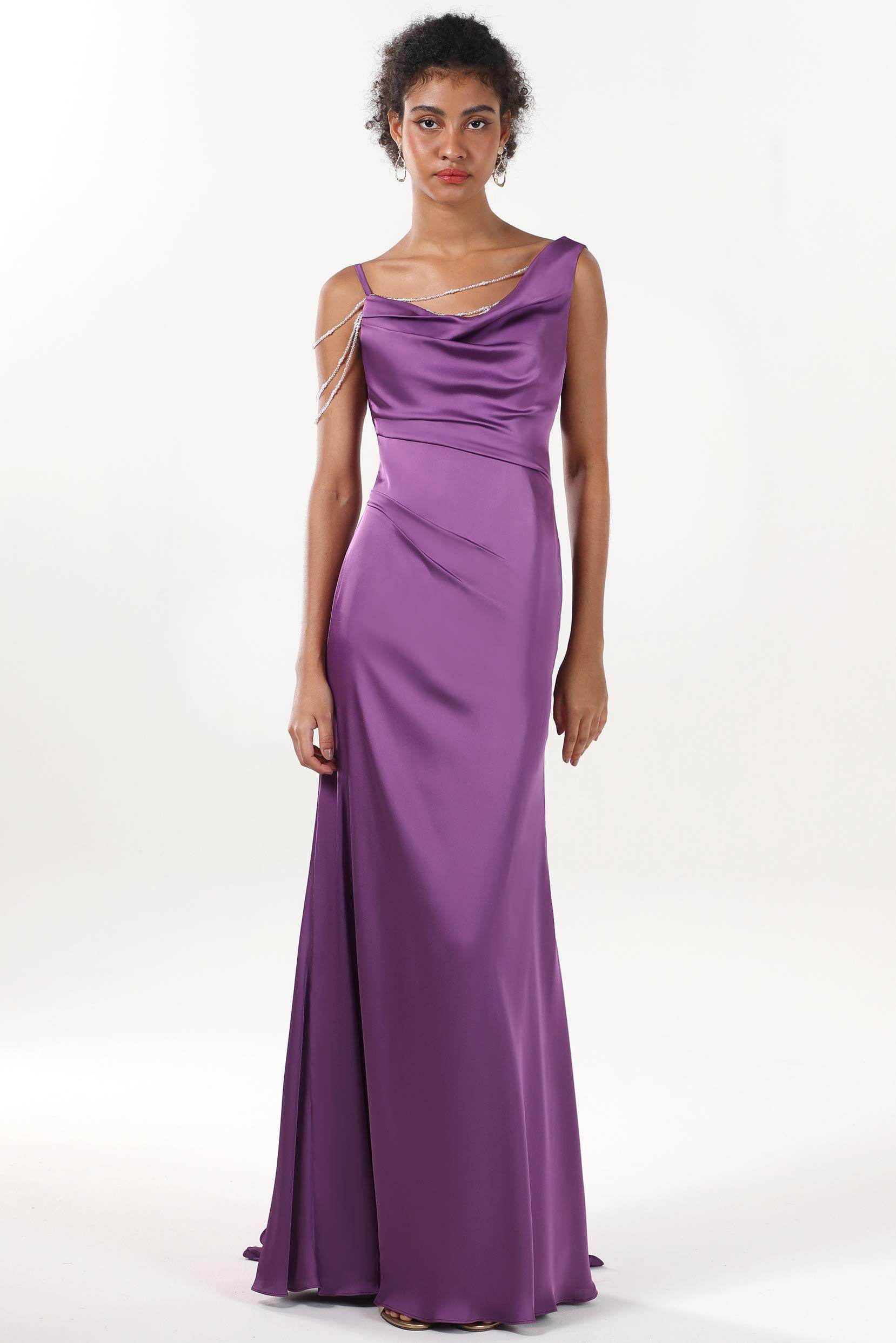 Sheath-Column Sweep-Brush Train Luxe Satin Bridesmaid Dress CS0600BM - COCOMELODY