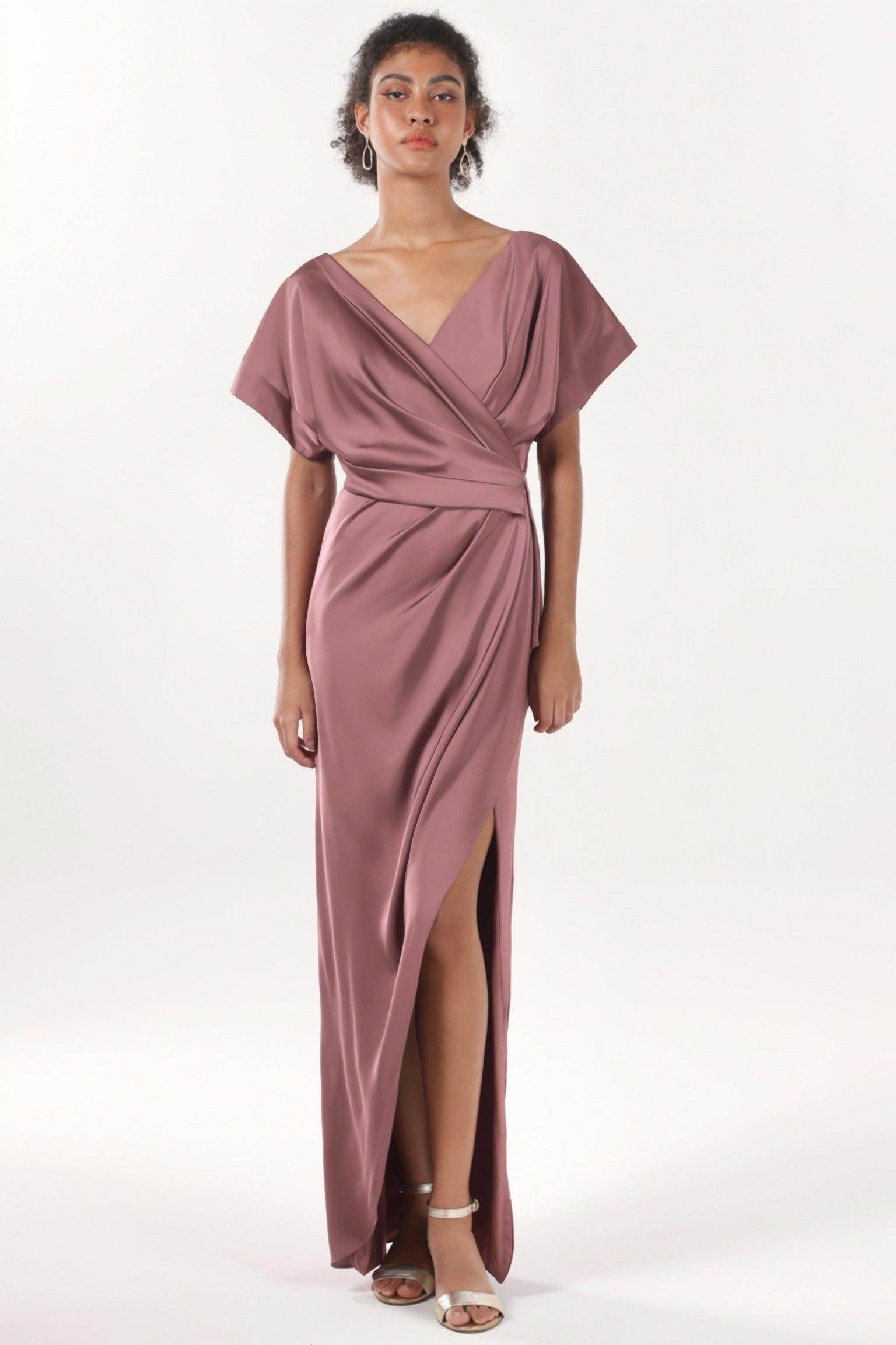 Sheath-Column Maxi Luxe Satin Bridesmaid Dress CS0601BM - COCOMELODY
