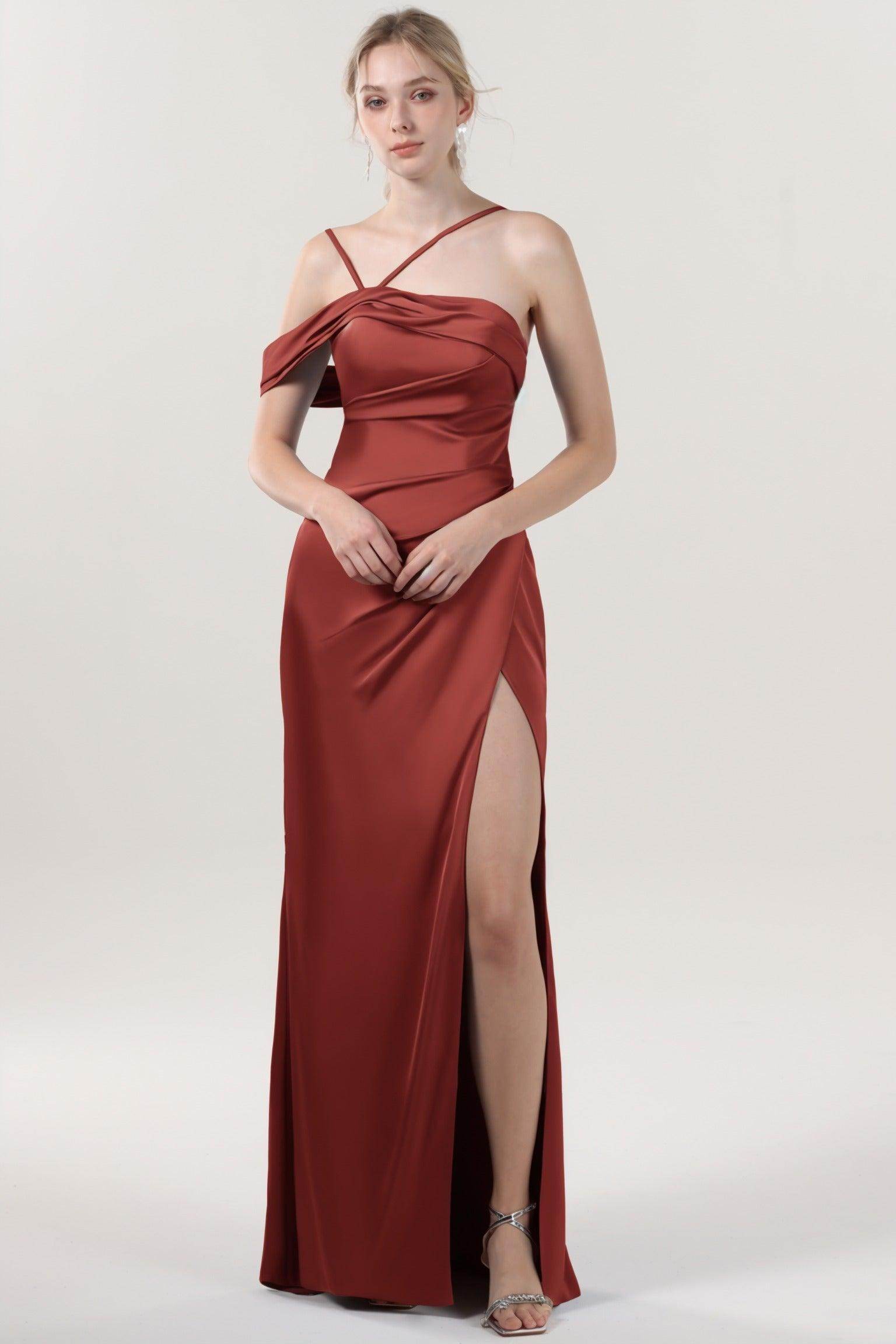 Sheath-Column Maxi Luxe Satin Bridesmaid Dress CS0602BM - COCOMELODY