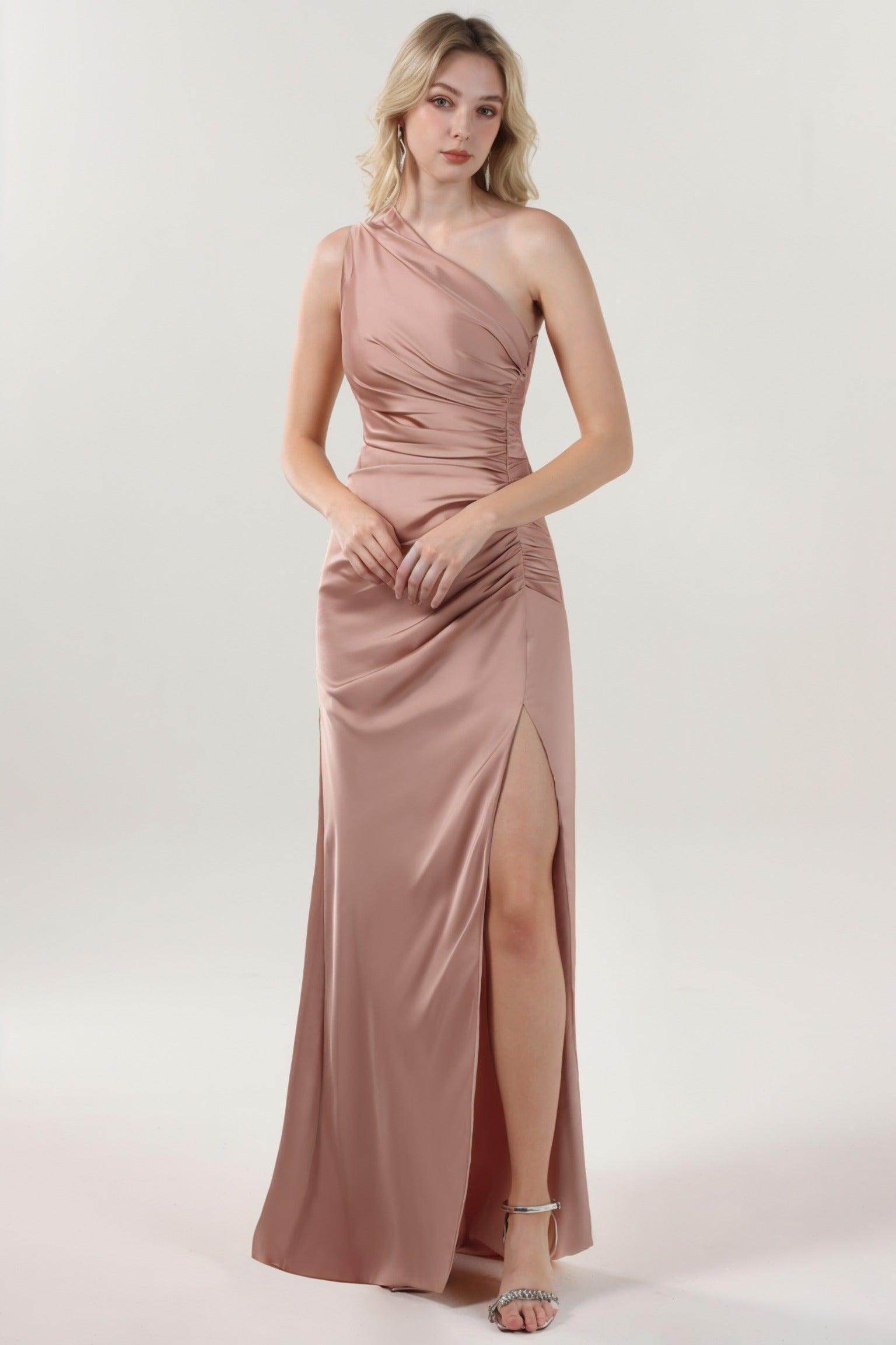 dusty rose satin bridesmaid dresses BABARONI BABARONI Stretch Satin Dusty Rose Bridesmaid Dresses Halter Sweep/Brush Train Sleeveless Pleated with Slit Sheath, Dusty Rose / US0