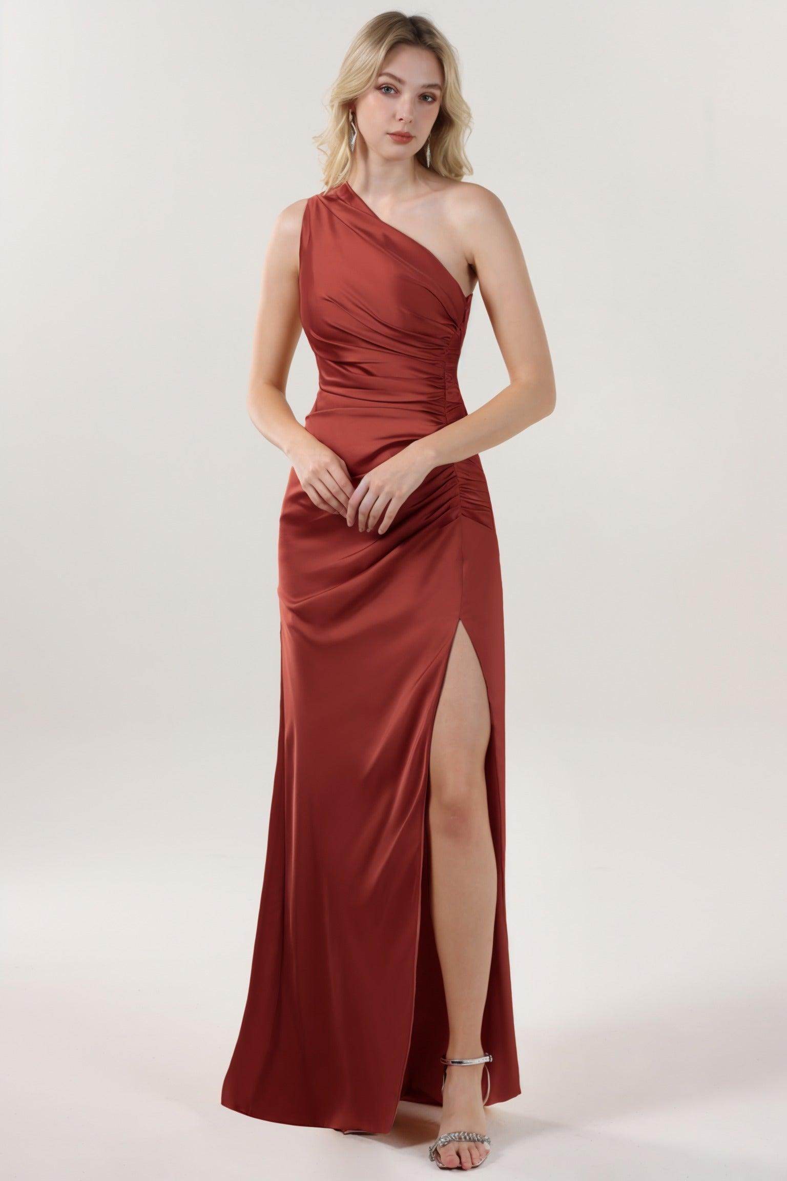 Sheath-Column Maxi Luxe Satin Bridesmaid Dress CS0606BM - COCOMELODY