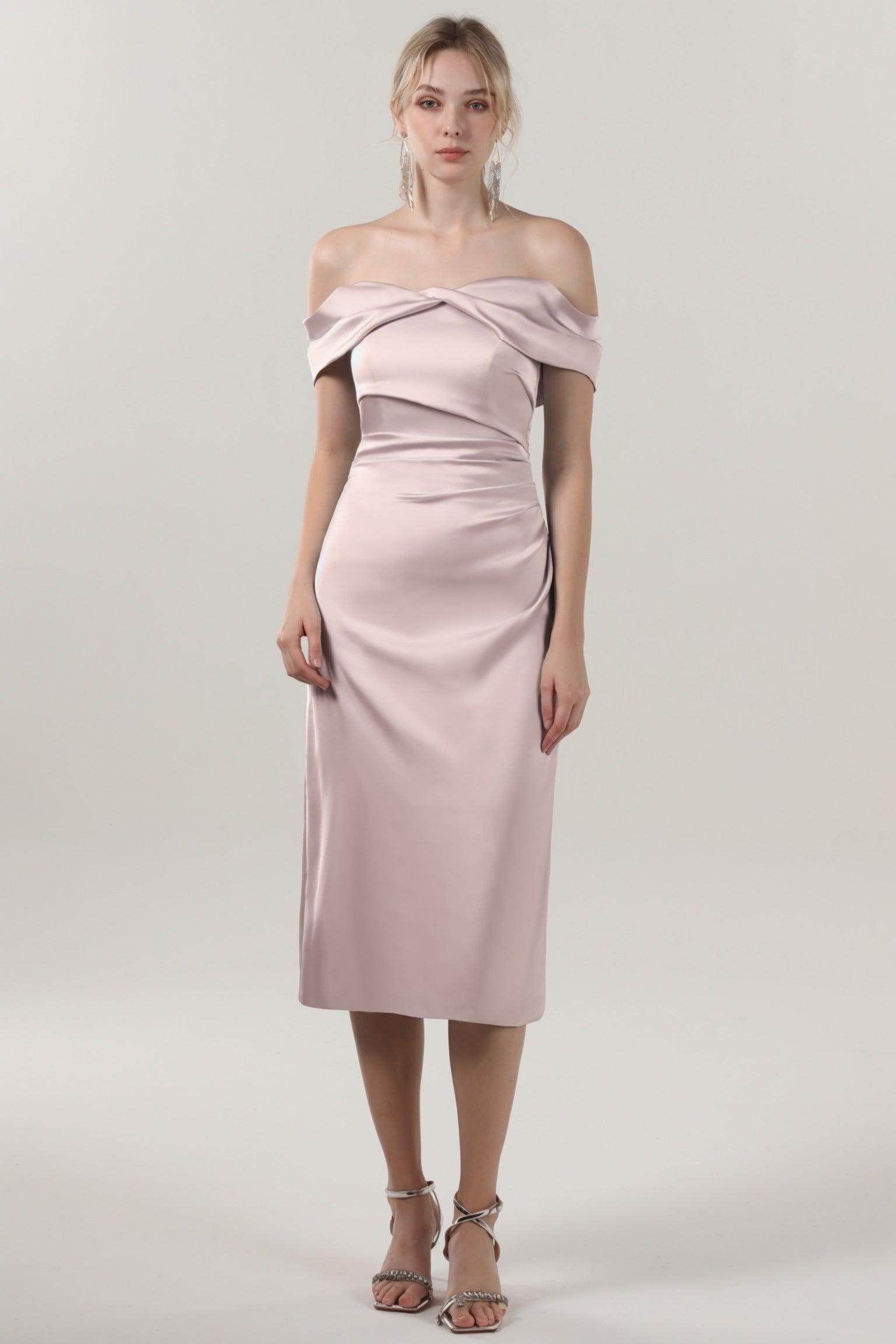 Sheath-Column Midi Luxe Satin Bridesmaid Dress CS0610BM - COCOMELODY