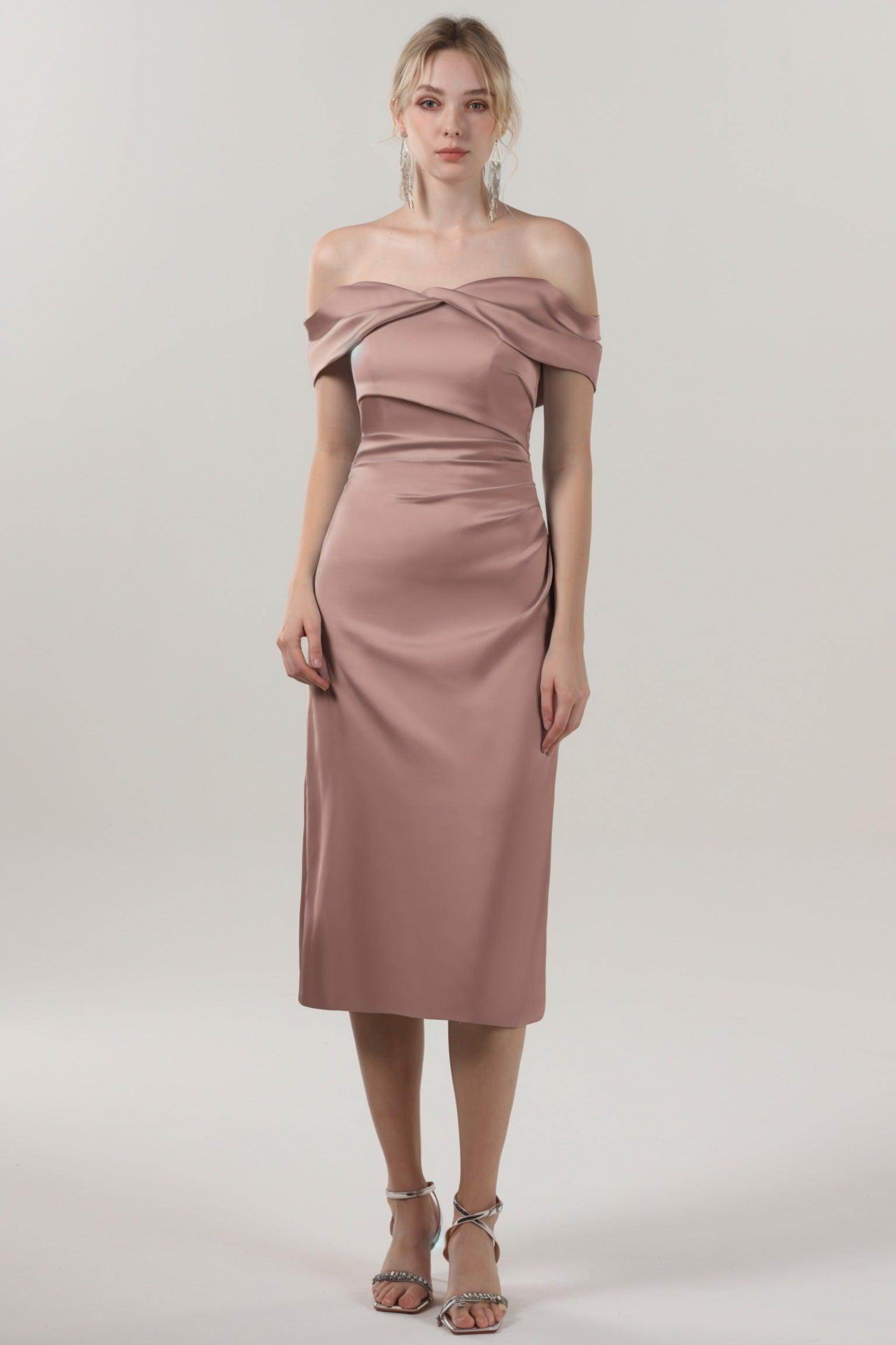 Sheath-Column Midi Luxe Satin Bridesmaid Dress CS0610BM - COCOMELODY