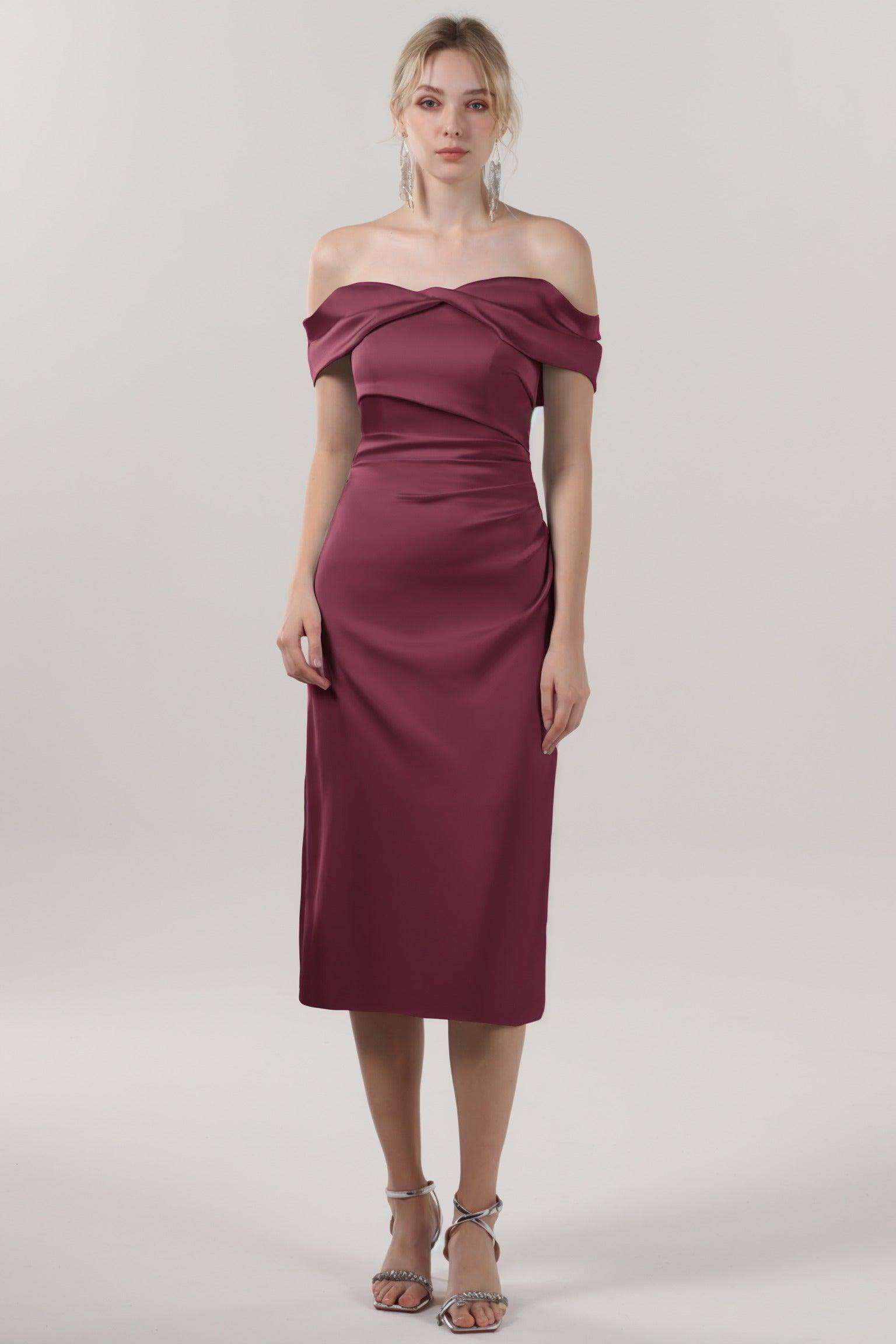 Sheath-Column Midi Luxe Satin Bridesmaid Dress CS0610BM - COCOMELODY